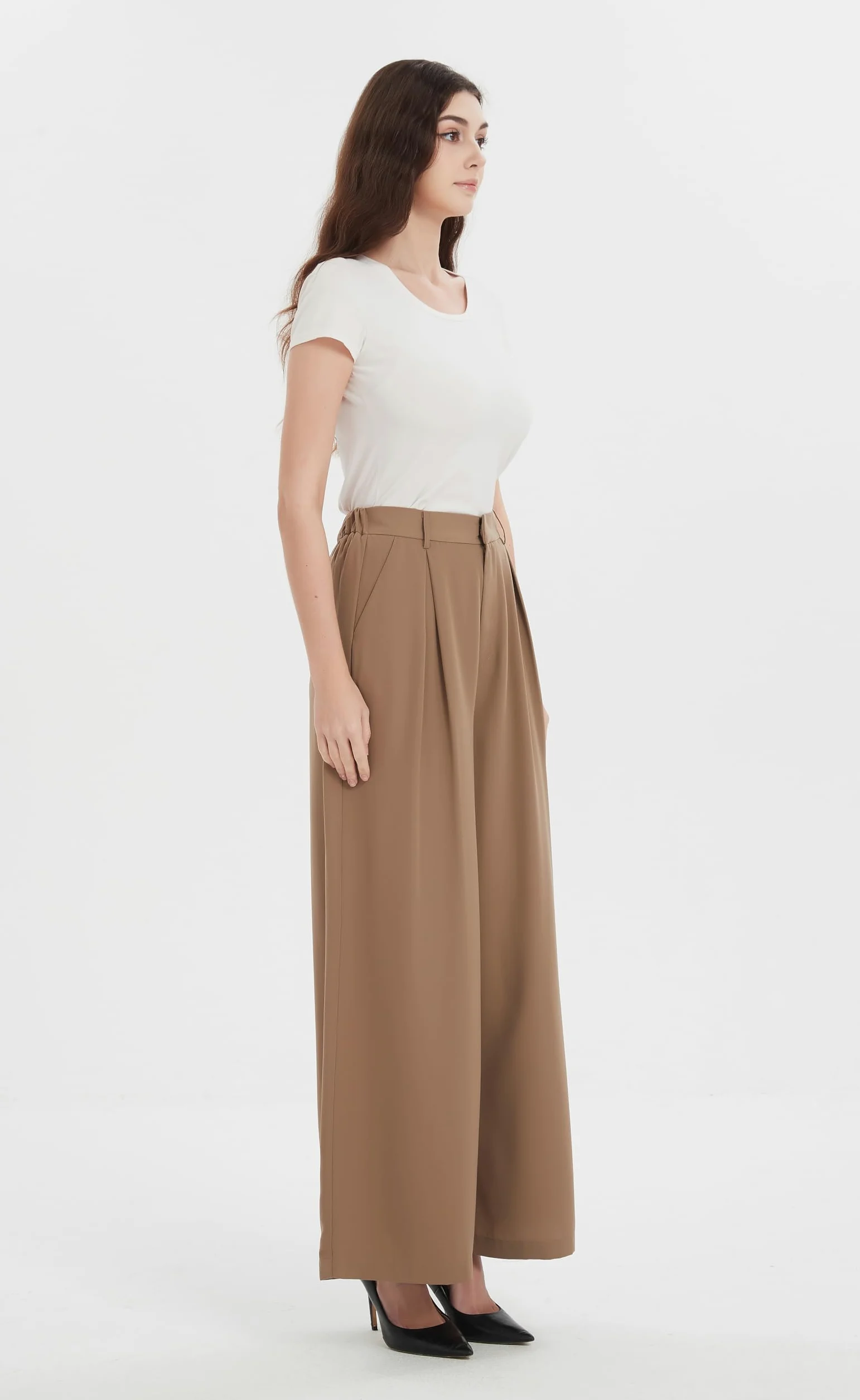 Tronjori Mujeres Pantalones Cintura Alta Casual Pierna Ancha Plisados Delanteros Pantalones con Bolsillos Laterales para Ocio Trabajo Oficina