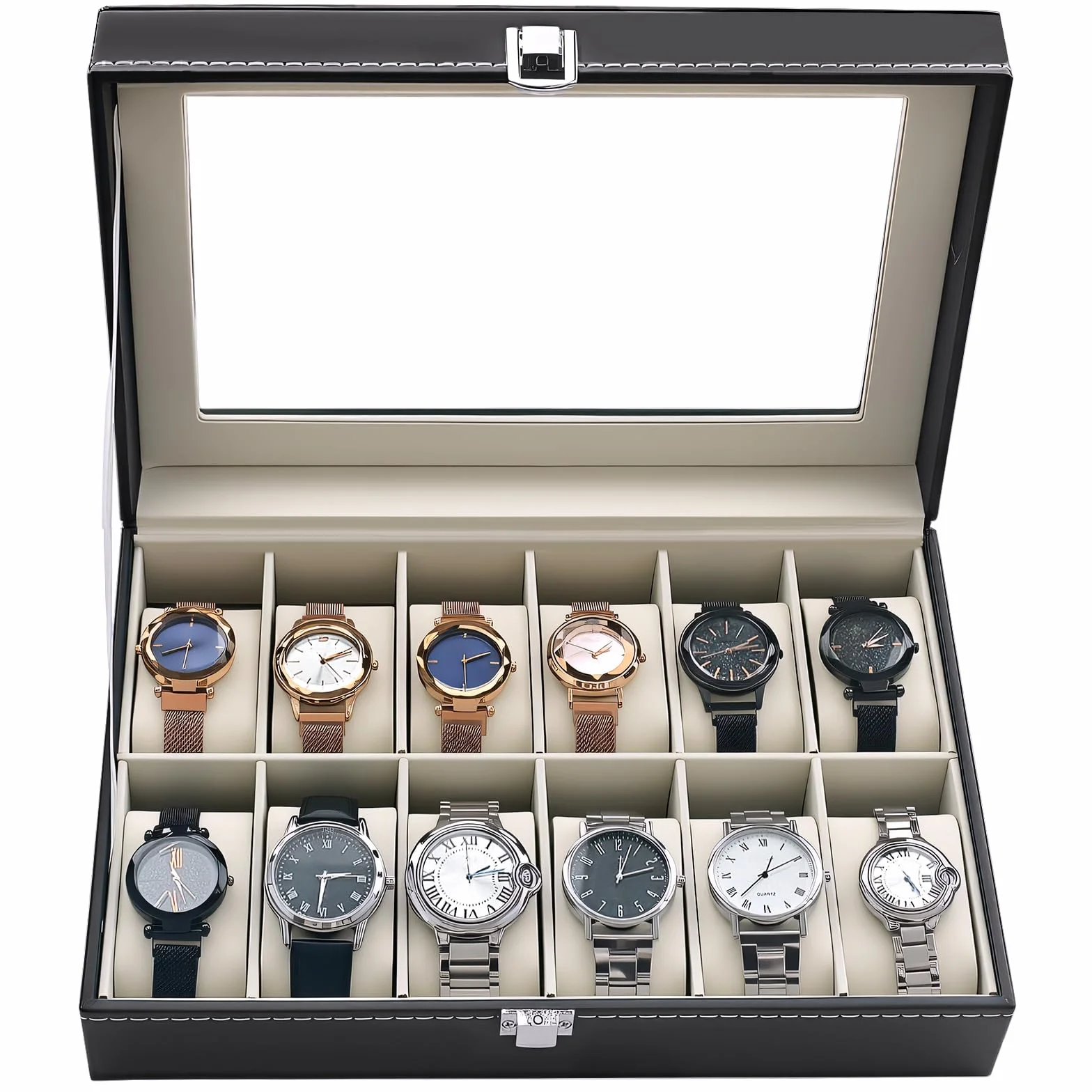 ATPEAM Caja para Relojes 12 Compartimentos Organizador Estuche Almacenamiento Tapa Cristal