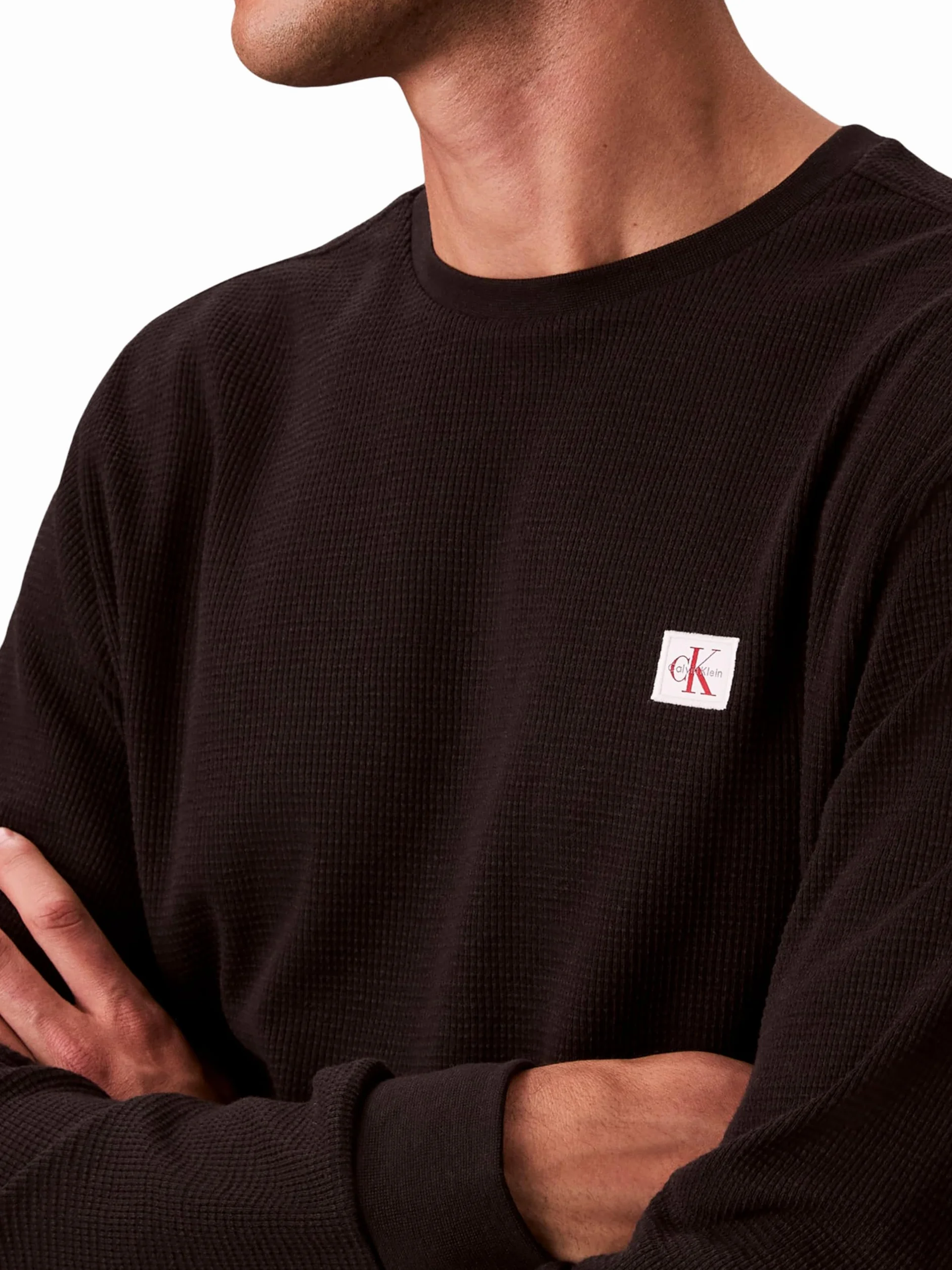 Calvin Klein Camiseta de Manga Larga Hombre Waffle Badge tee con Cuello Redondo