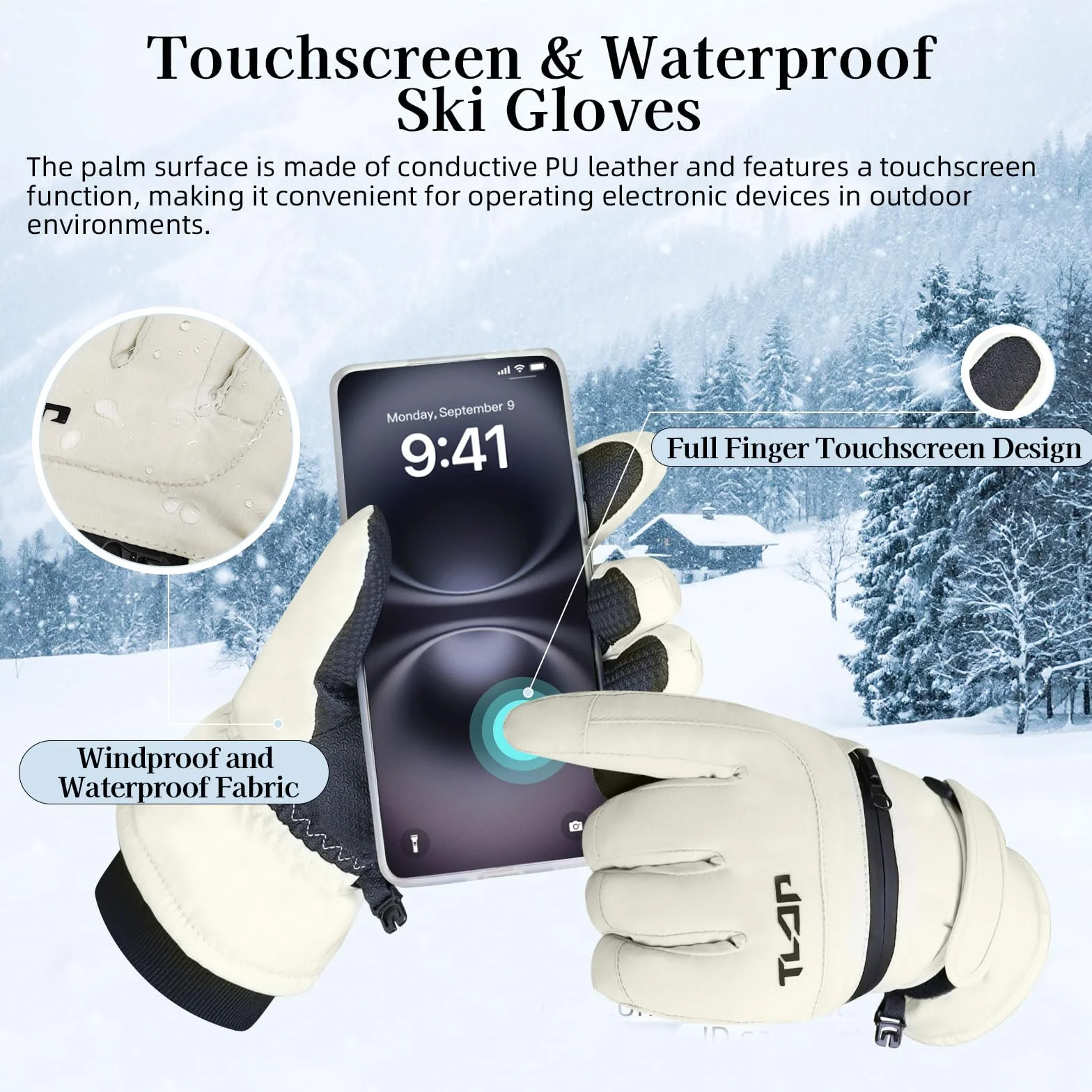 Guantes de esquí impermeables para mujer térmicos a prueba de viento con bolsillo cremallera