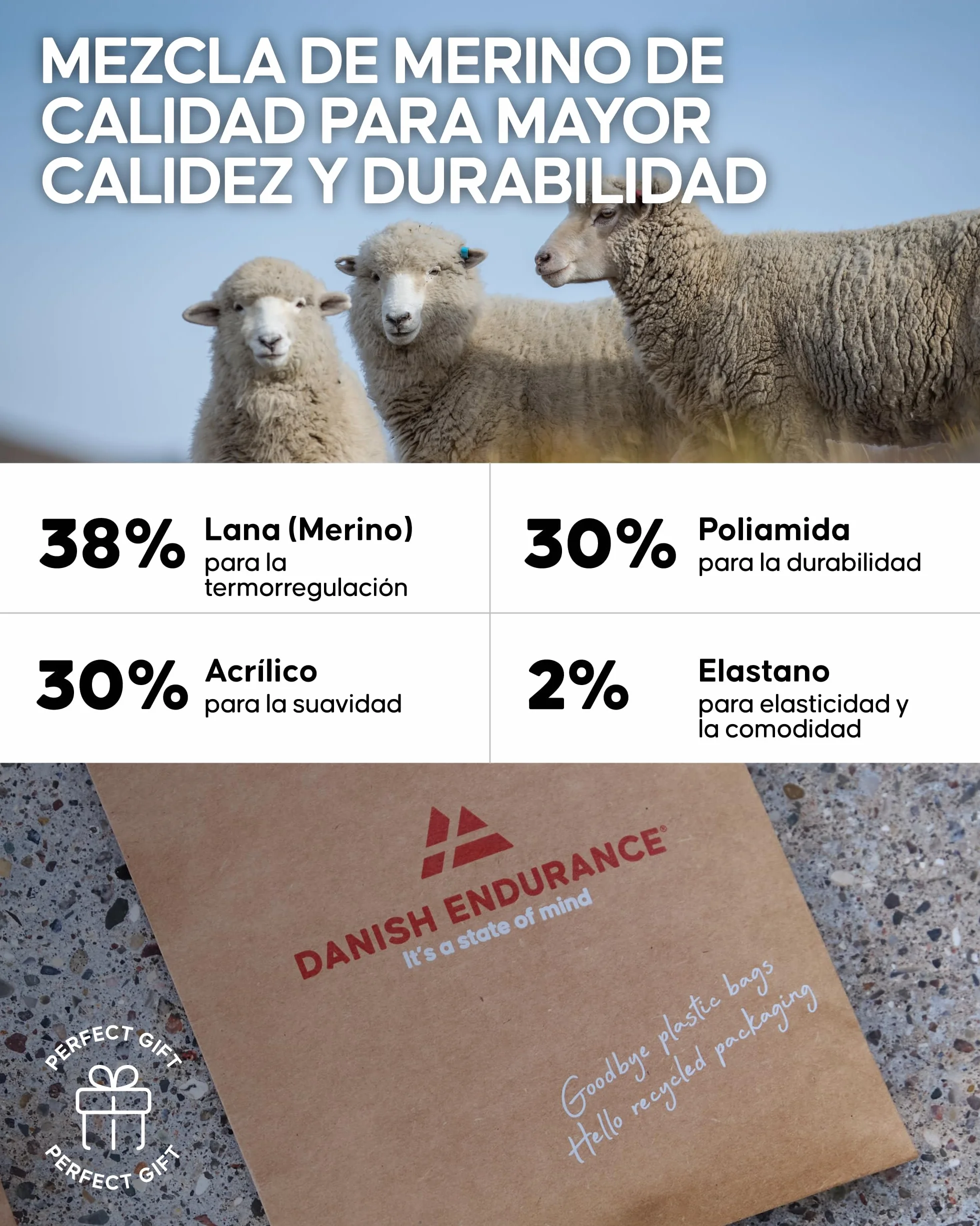 DANISH ENDURANCE Calcetines de Lana Merino Hasta la Rodilla Unisex Antiampollas Senderismo 1 Pack
