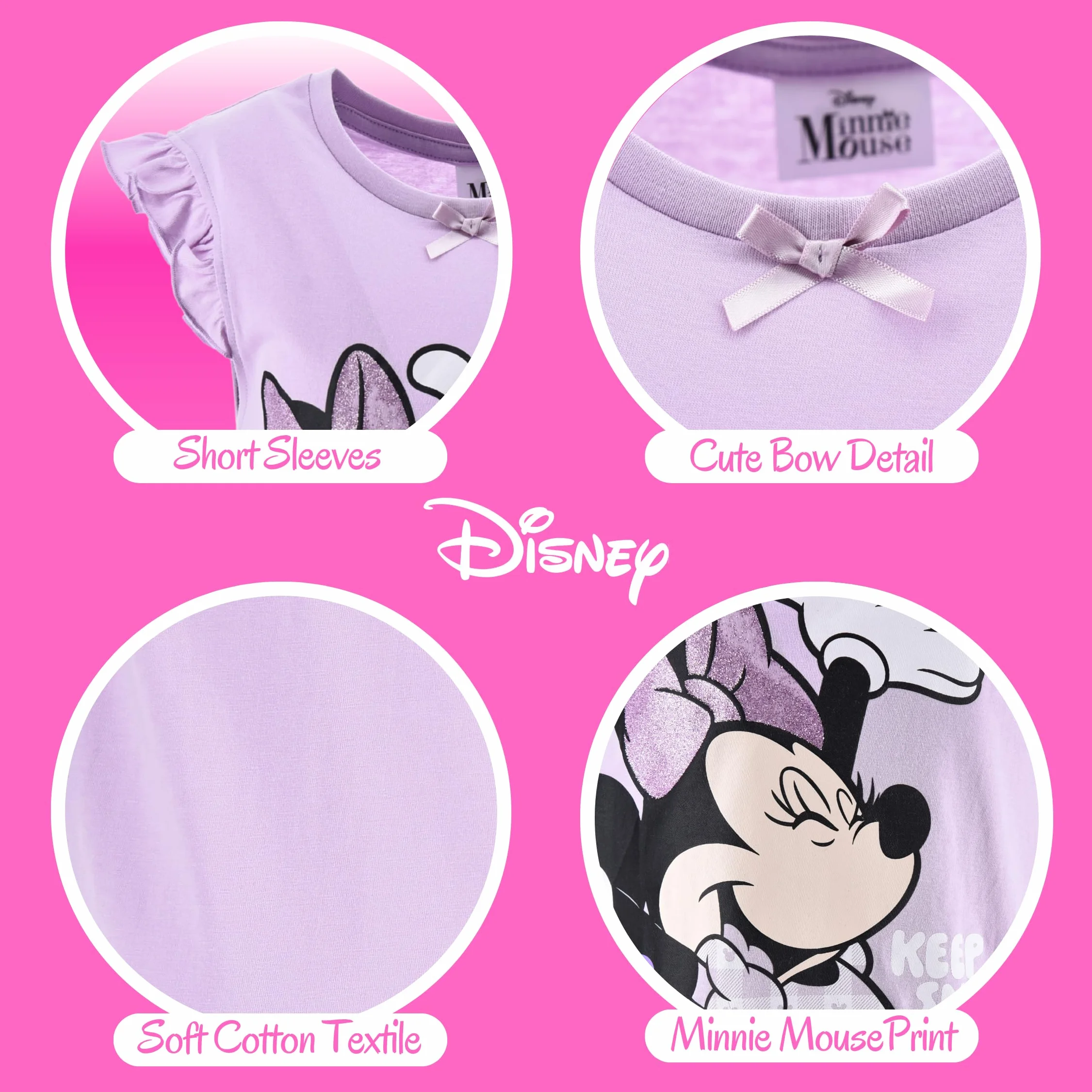 Disney Minnie Mouse Camison Algodon Suave Gingham Vestido Manga Corta para Niña Tallas 3-8 Años