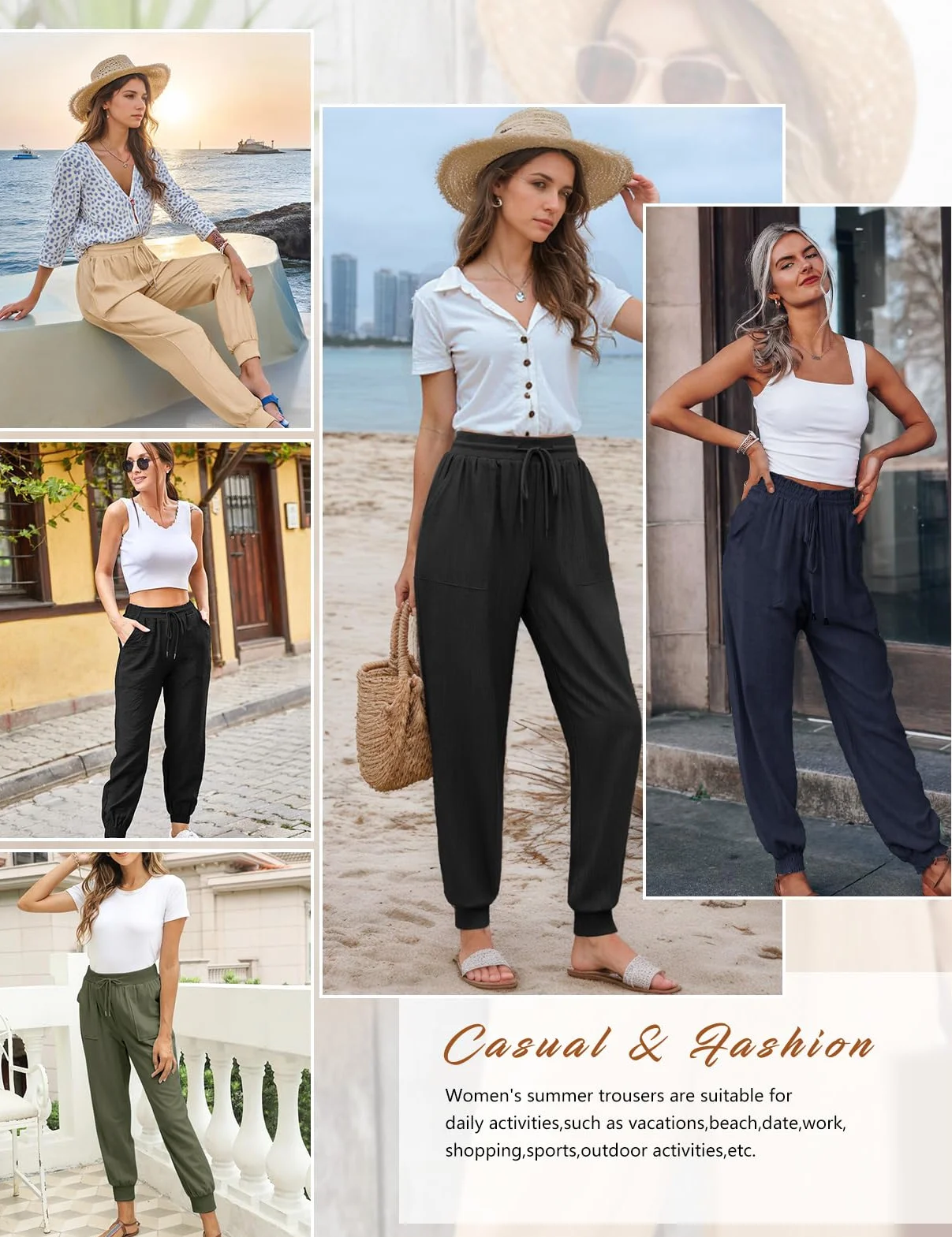 Yuson Pantalones Mujer Verano Lino Palazzo Cintura Alta Rectos Cómodos Bolsillos Cordón