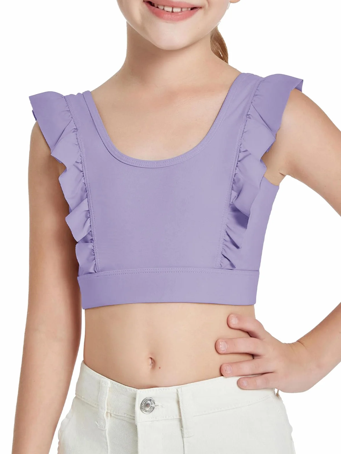 Crop Top Sujetador Deportivo Volantes sin Mangas sin Vientre Yoga Ballet Camisetas Tanque Tops Violáceo 140