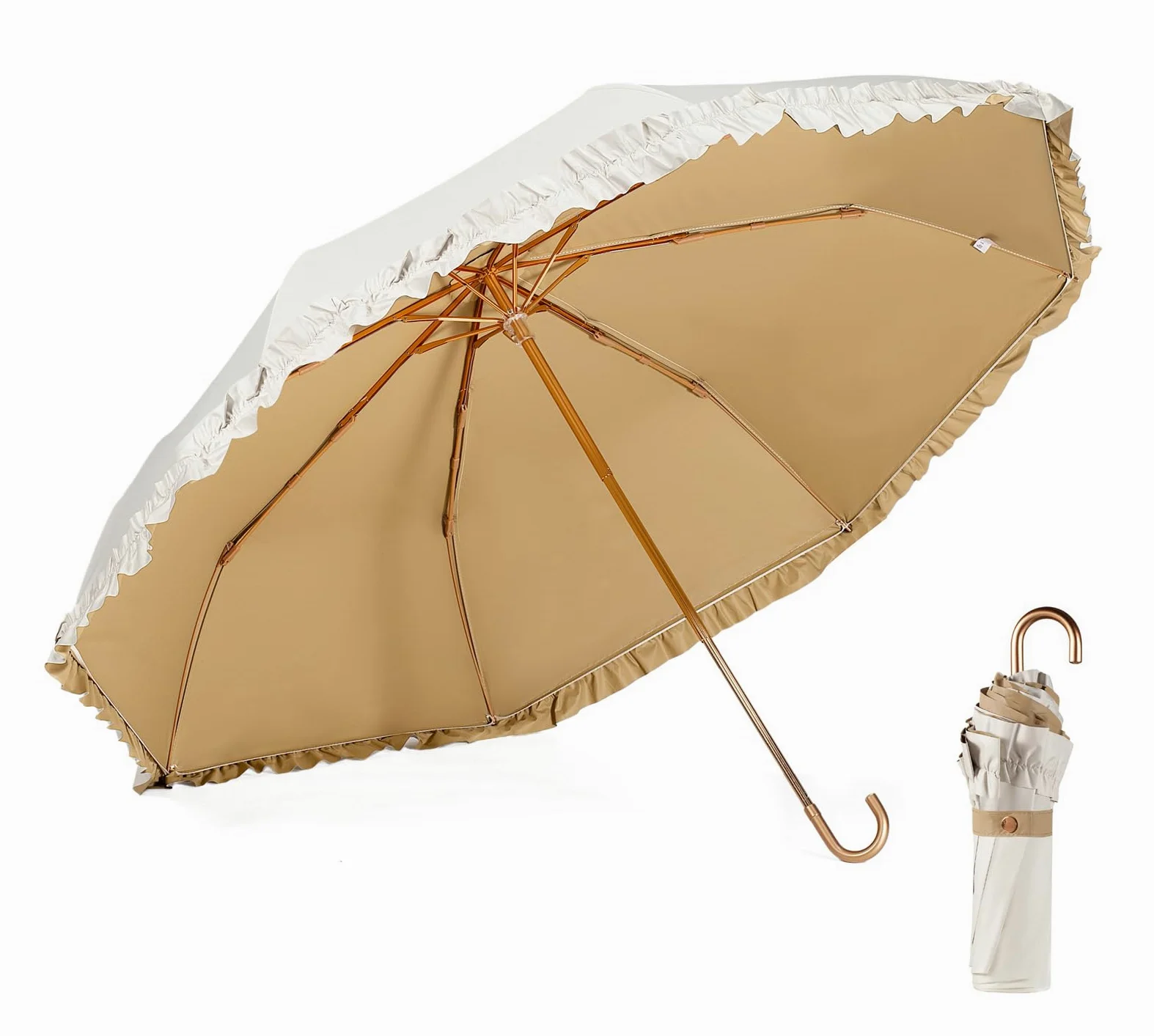 LCY Paraguas plegable con borde floral, anti-UV, con mango de gancho, resistente al sol, a la lluvia y al viento