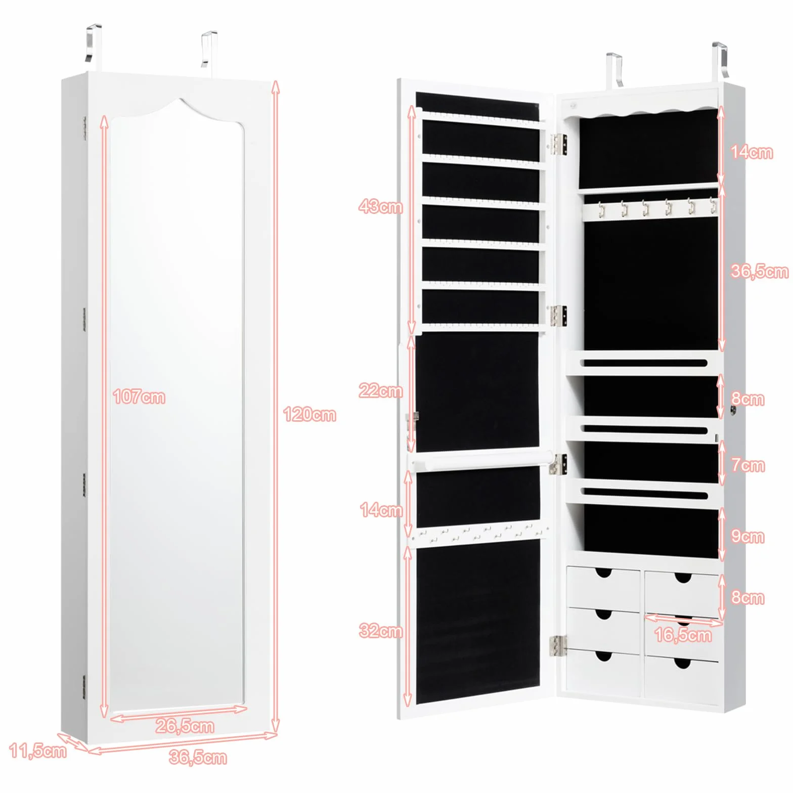 HOMASIS LED Espejo Joyero de Pared con Cerradura y 6 Cajones, Armario para Joyas Blanco