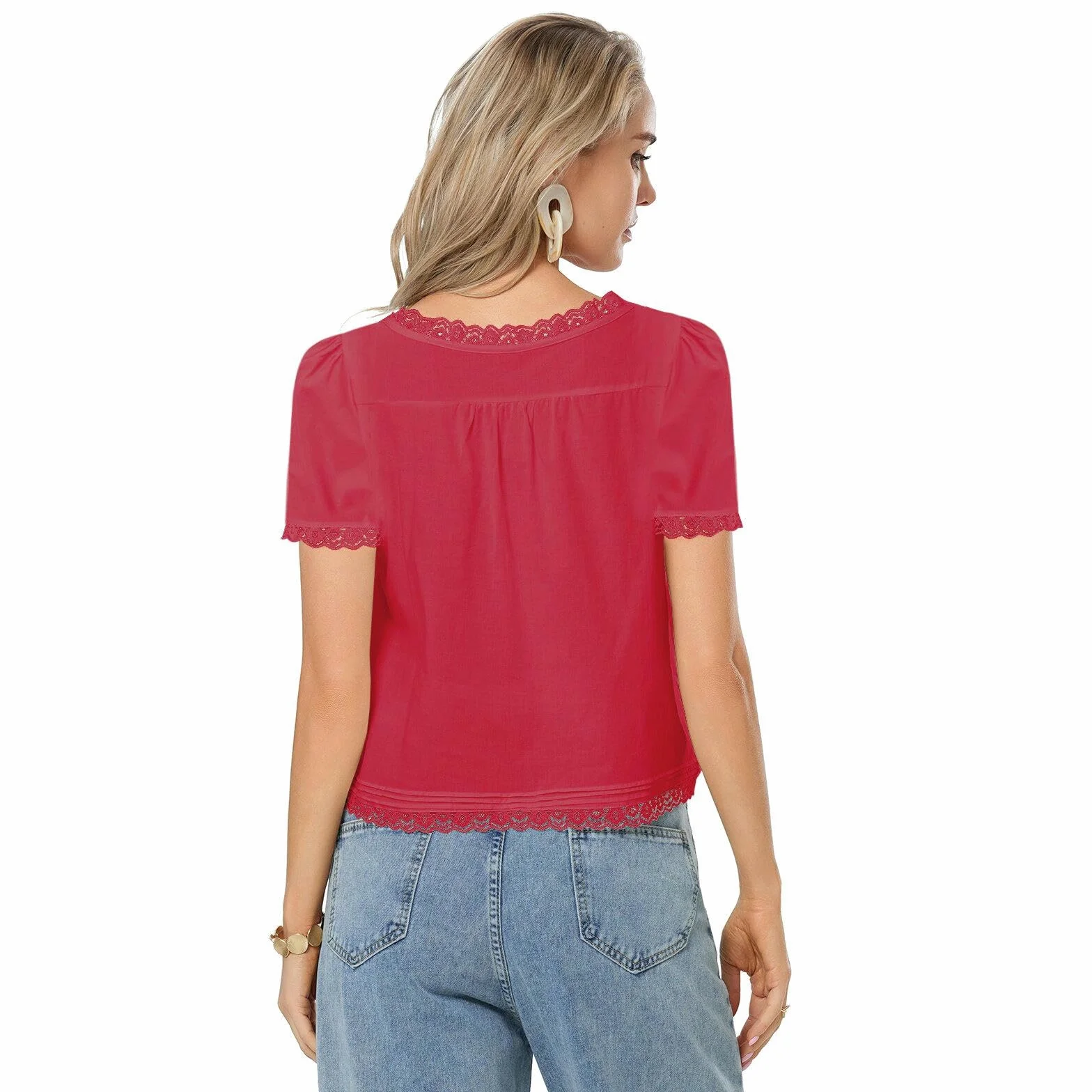 Camisetas para Mujer Diseño Hueco Tridimensional, Algodón Orgánico De Alta Densidad, Borde Encaje, Blusa Ligera con Corbata -Red-s