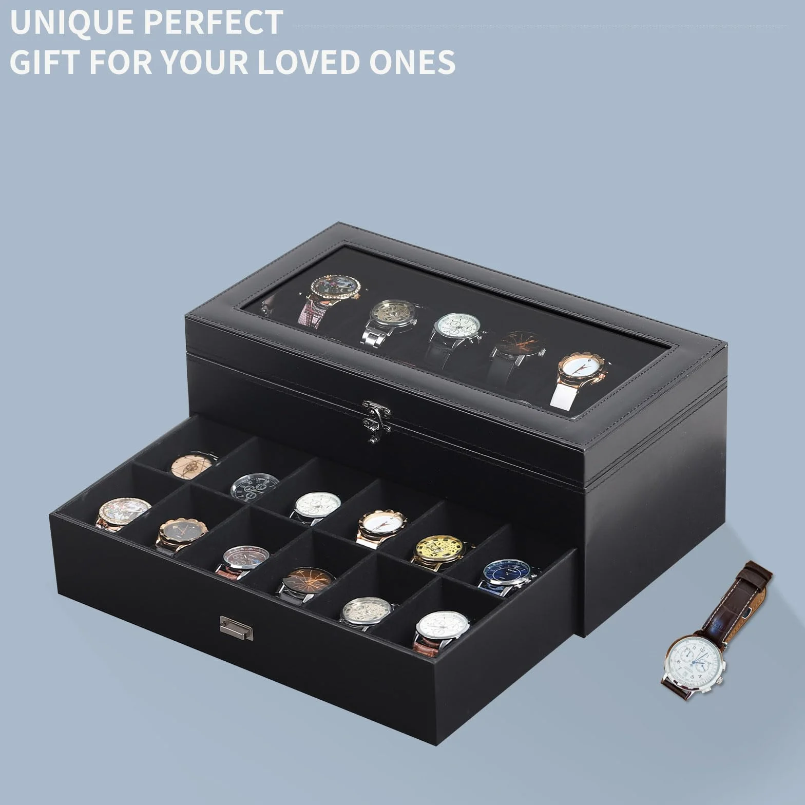AUTOARK Caja organizadora de 24 relojes con tapa de vidrio y cajón de joyas de cuero y terciopelo, negro MKAW035