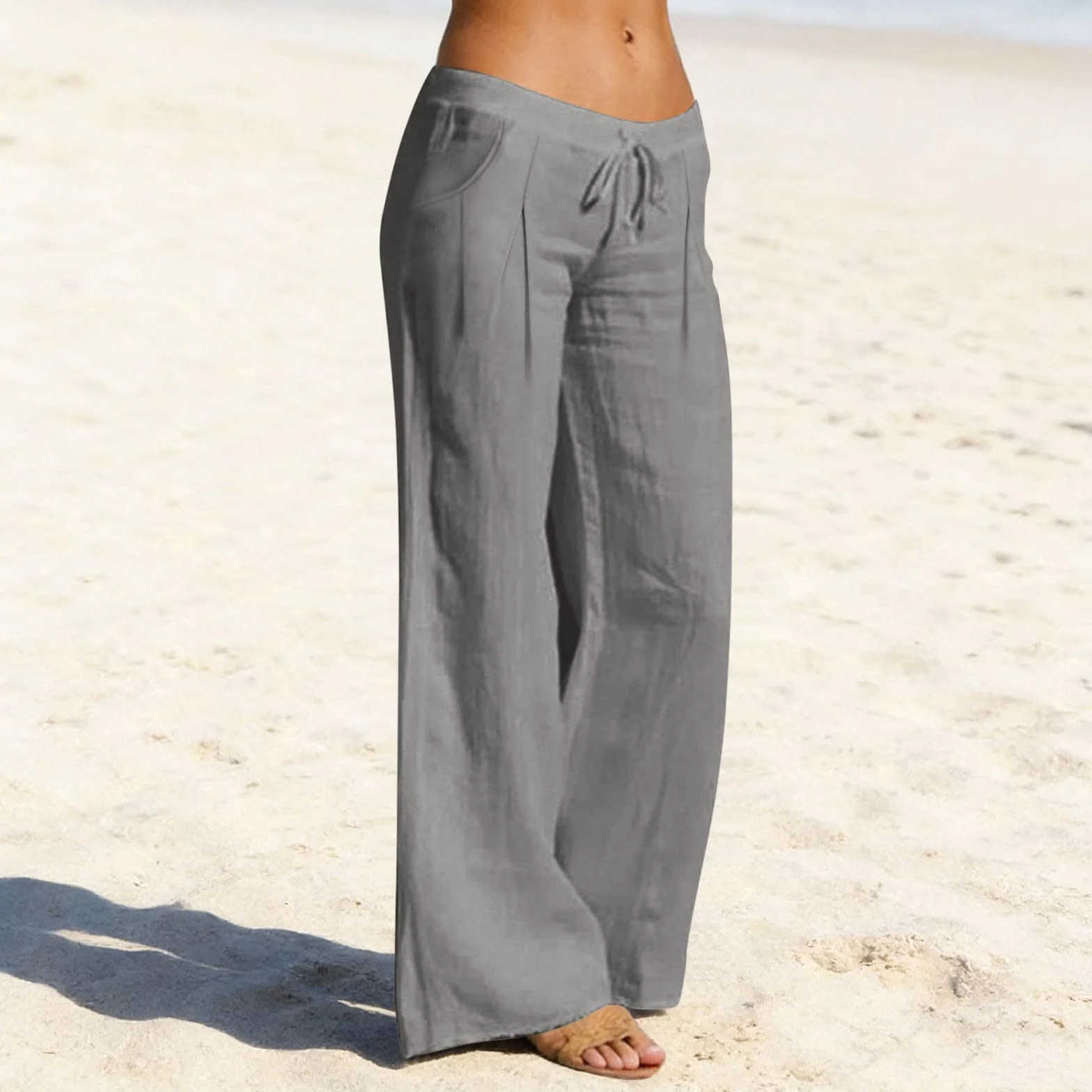 Pantalones de Lino Mujer Algodón Cintura Elástica Cordón Pierna Ancha Rectos Cómodos Transpirables Playa