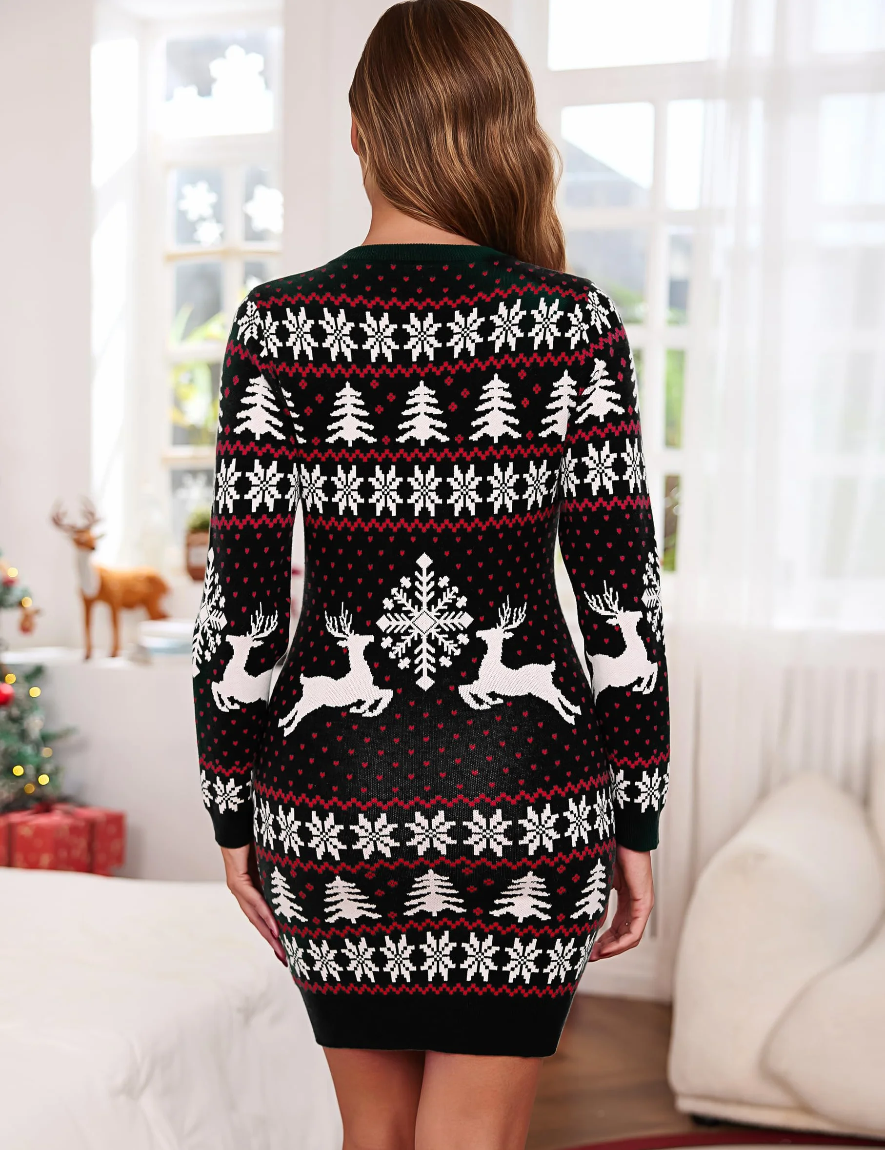 Vestido Navidad Mujer Suéter Largo con Renos y Copos de Nieve Jersey Navideño S-XXL