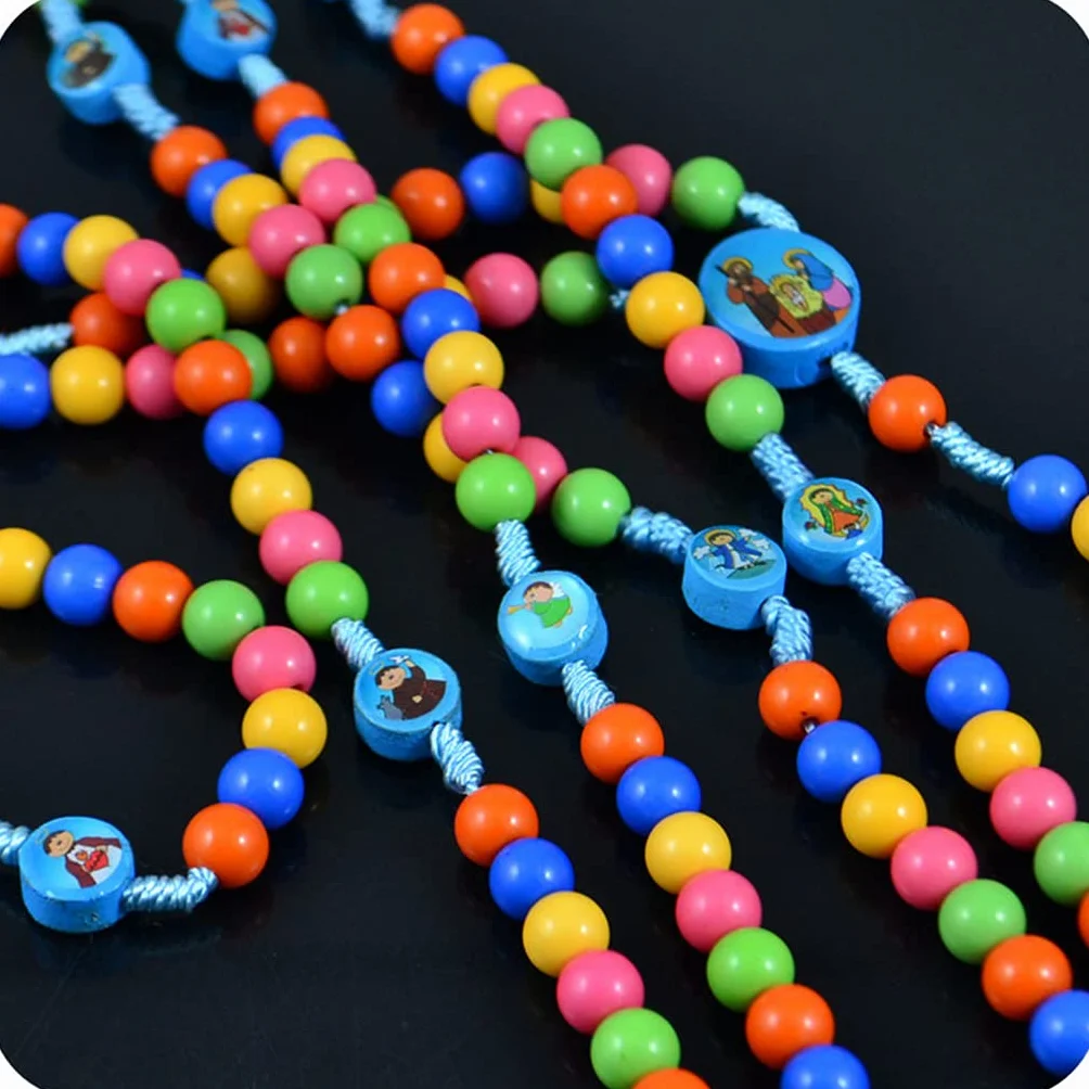 Kimu Collar de rosario con colgante de cruz de Jesús, joyería religiosa para niños y niñas, 8mm, Madera, Perla