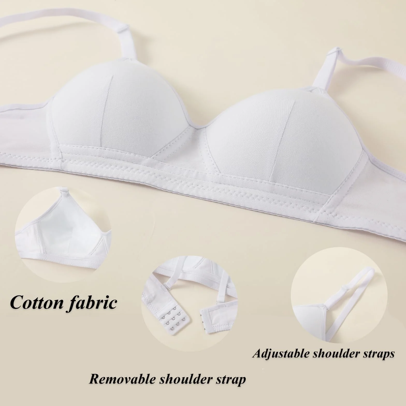 Sujetador Deportivo de Algodón para Niña Adolescente con Correa Ajustable Desmontable Bralette, Paquete de 3, A-Cup