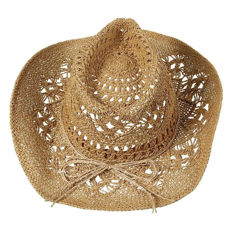 EOZY Sombrero de paja para hombre y mujer, diseño de vaquera, tejido ahuecado, enrollable, de ala ancha