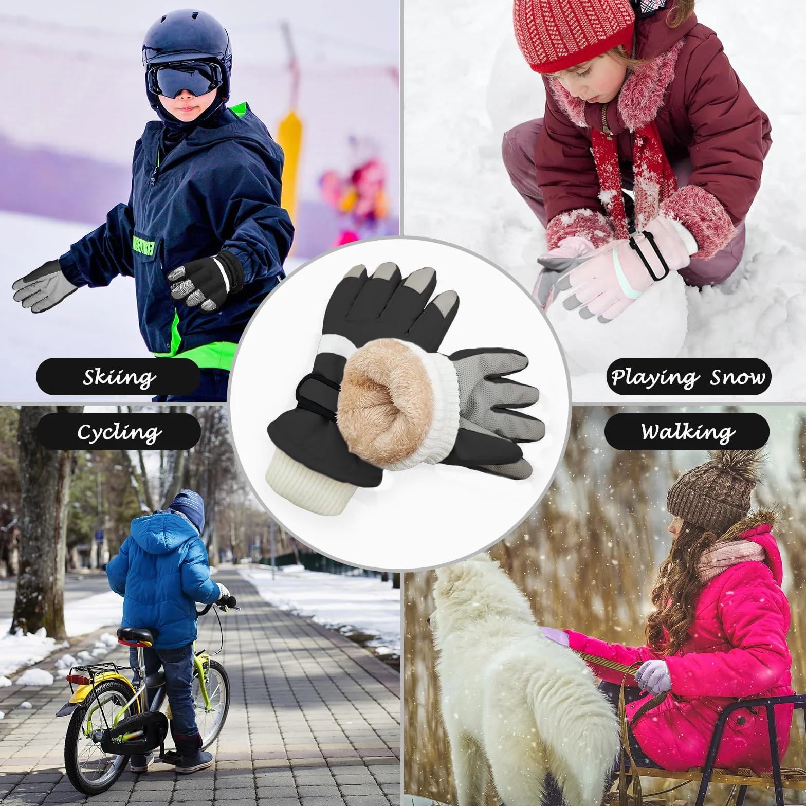 Guantes de Esquí Impermeables para Niños Niñas, Guantes de Nieve Forro Polar Cálido para Snowboard