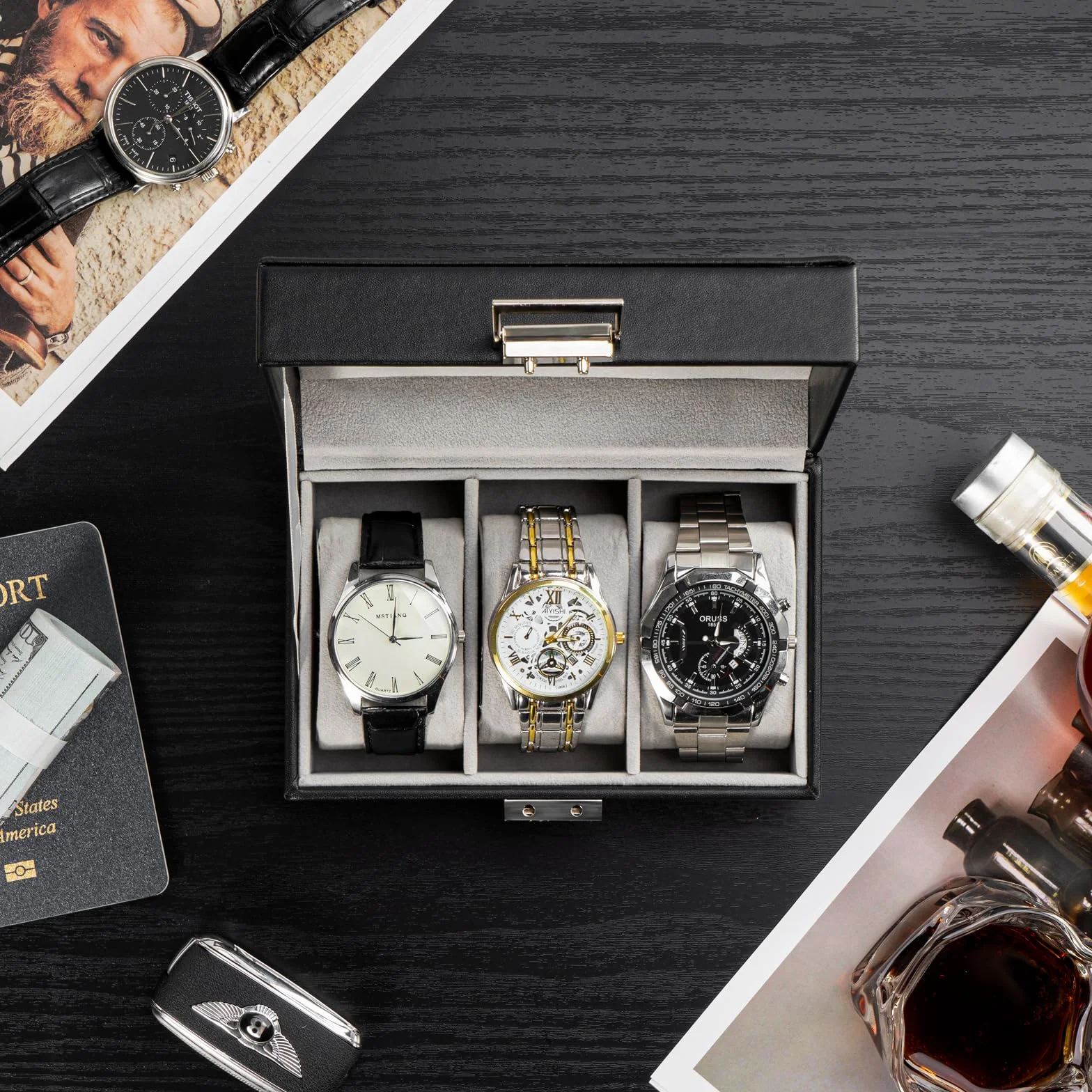 ProCase Caja de Relojes 3 Compartimentos Tapa de Cristal Cojín Extraíble Organizador Negro