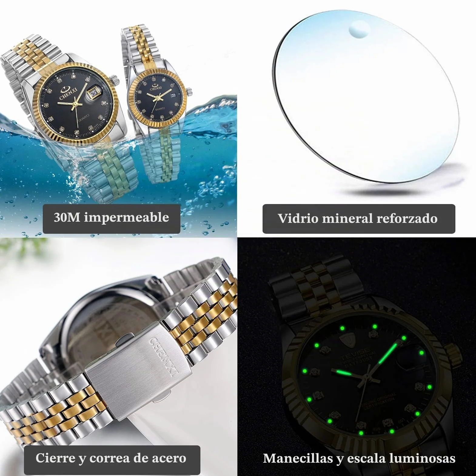 JewelryWe Reloj analógico de Cuarzo con Calendario, 30 m de Pulsera de Acero Inoxidable para Hombre y Mujer, Reloj de Pulsera de Diamantes de imitación