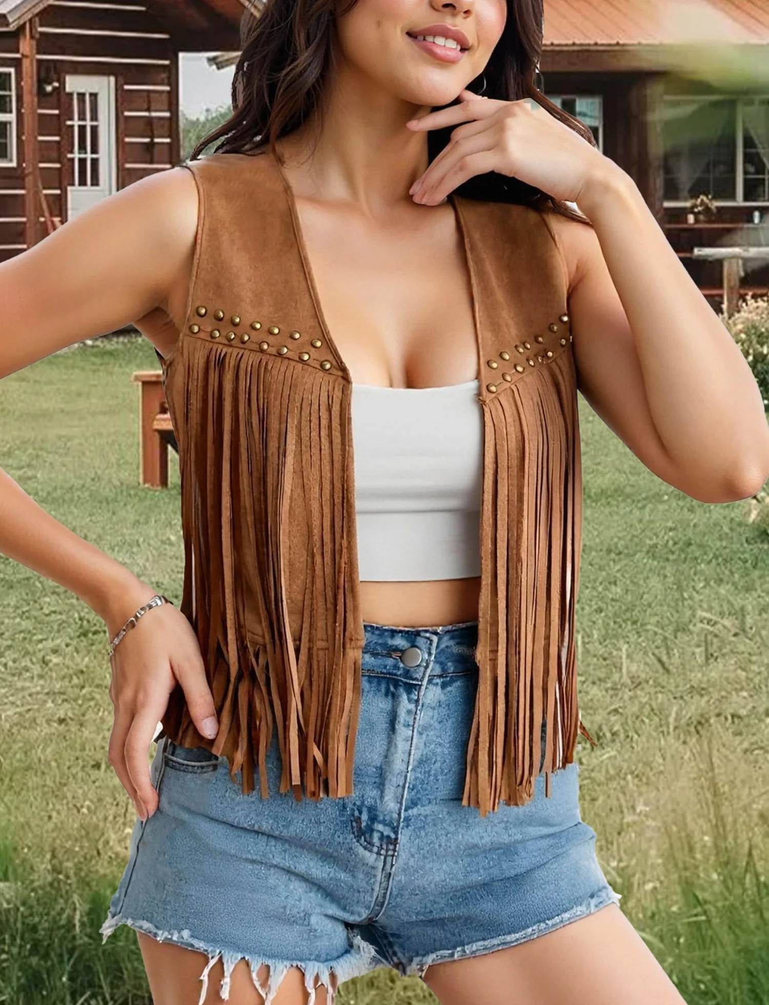 Chaleco corto de ante flecos para mujer sin mangas años 70 S-XXL