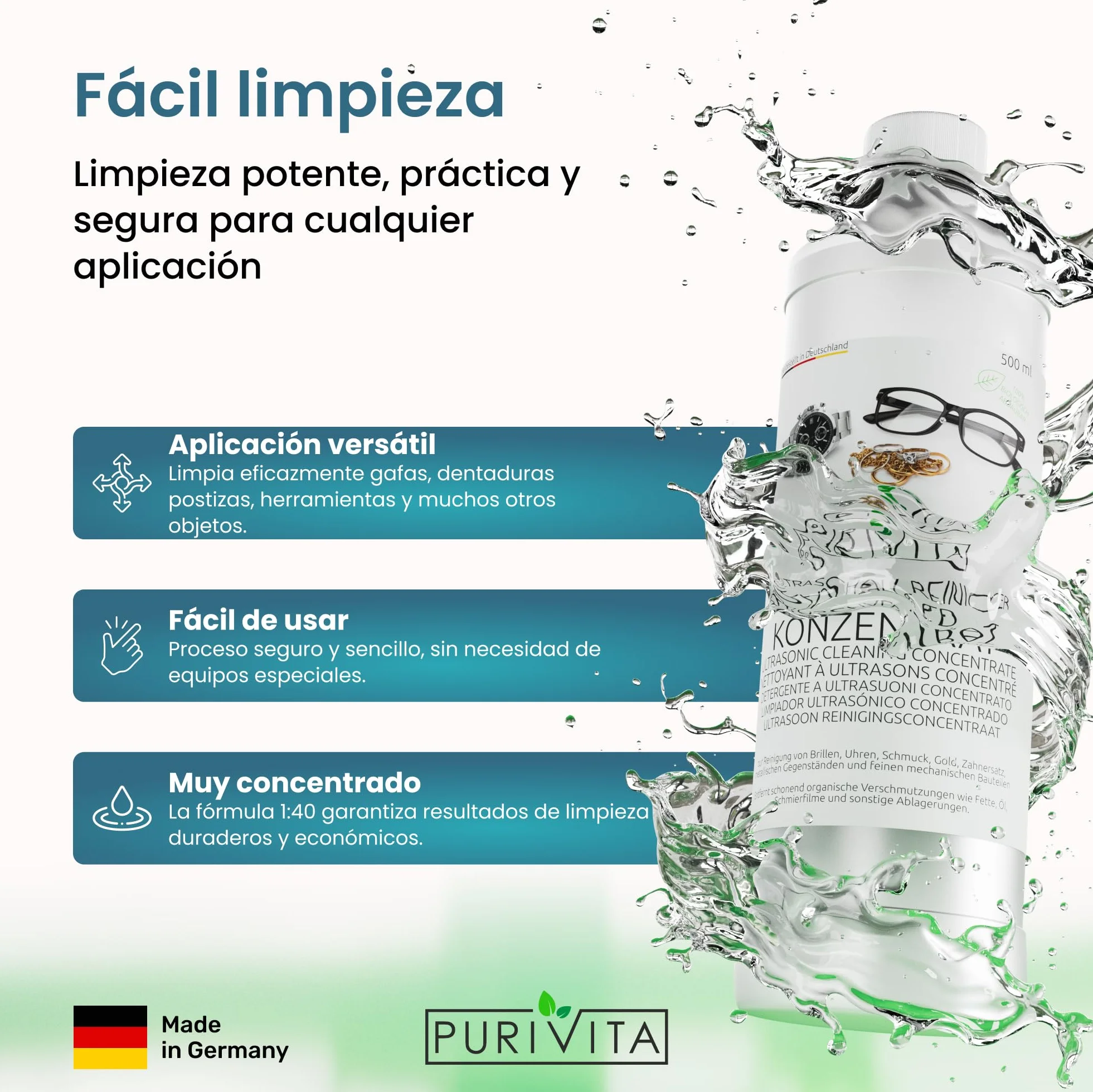 PURIVITA® Universale Liquido para Ultrasonidos Limpieza 500ML - Limpiador Ultrasónico - Ultrasonic Cleaner