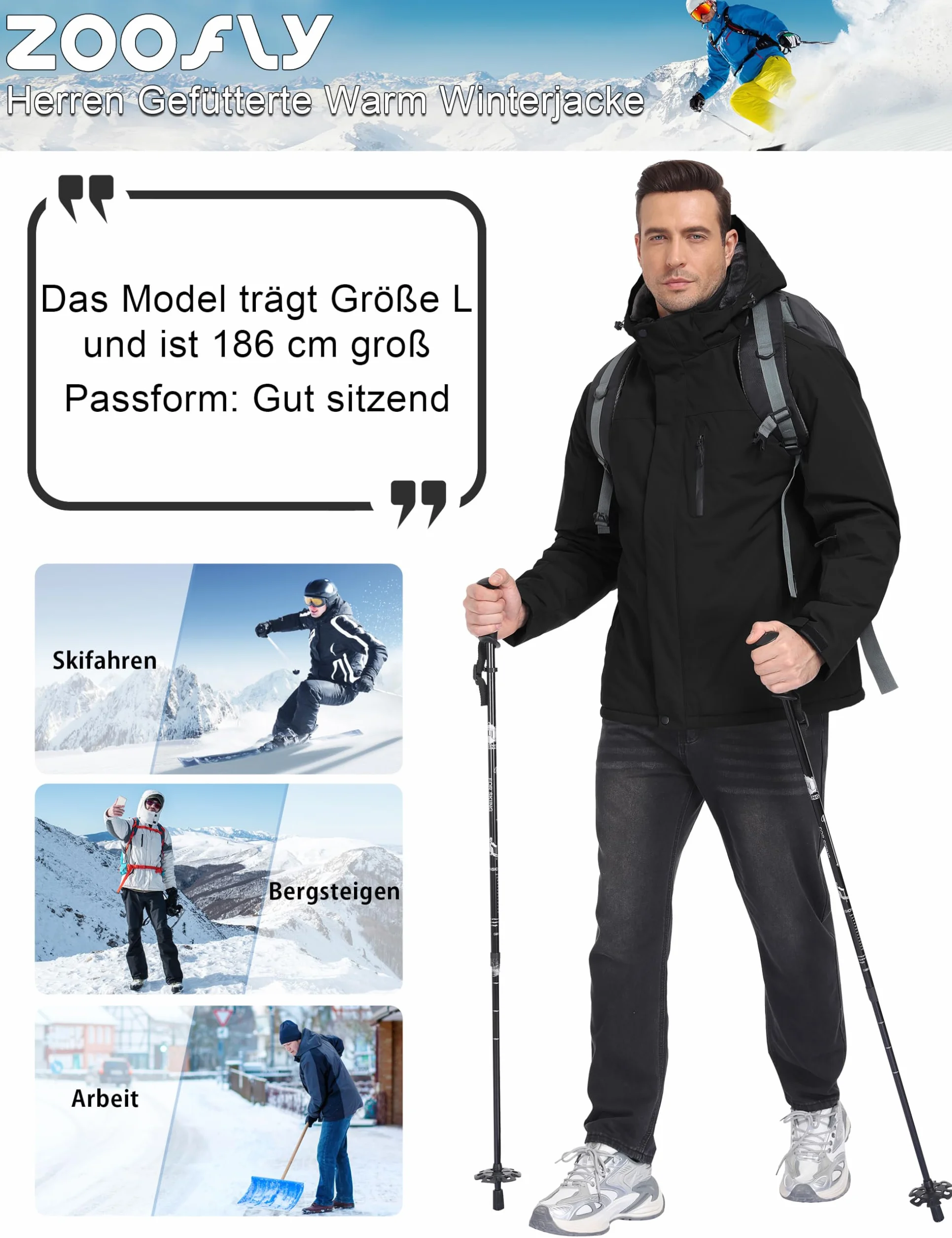 Zoofly Chaqueta de Esquí Impermeable Hombre Invierno Abrigo Nieve Snowboard Cazadora con Capucha Desmontable
