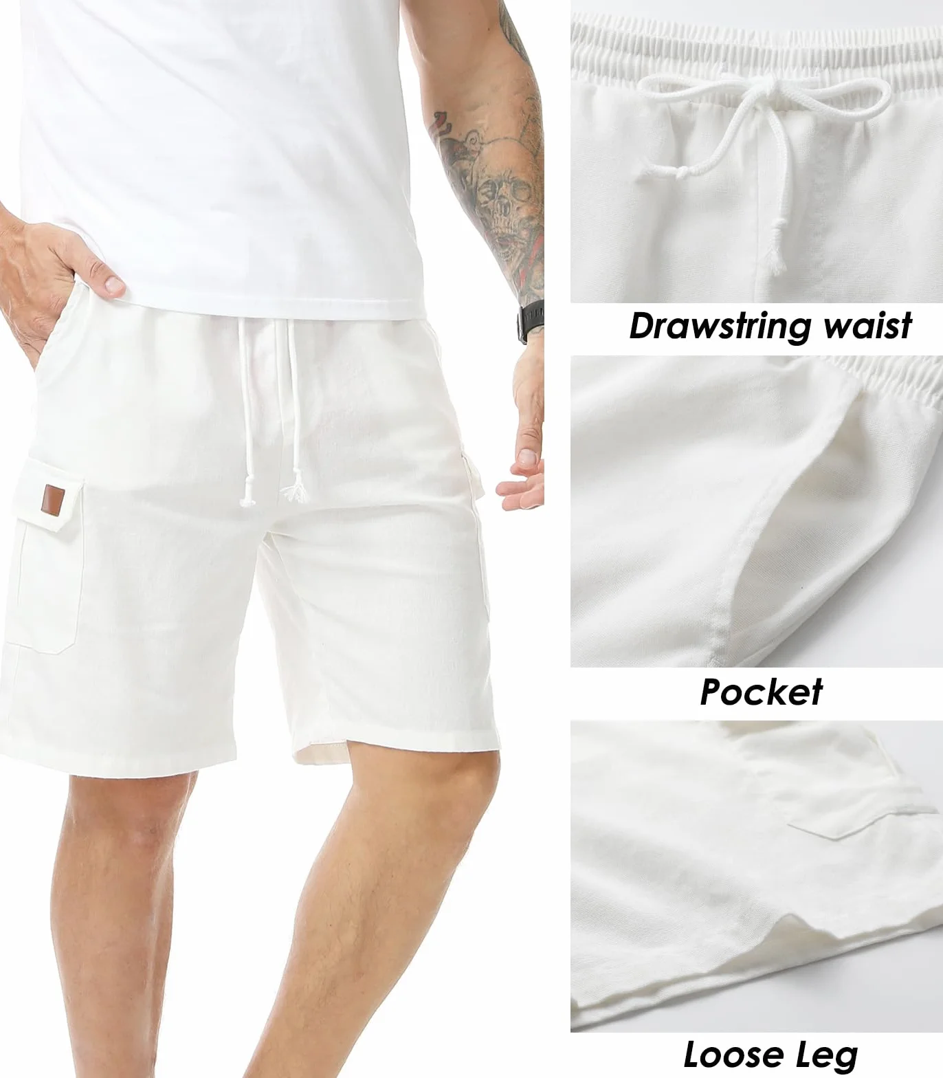Bermudas Hombre Lino Verano Shorts Cargo Múltiples Bolsillos Cintura Elástica