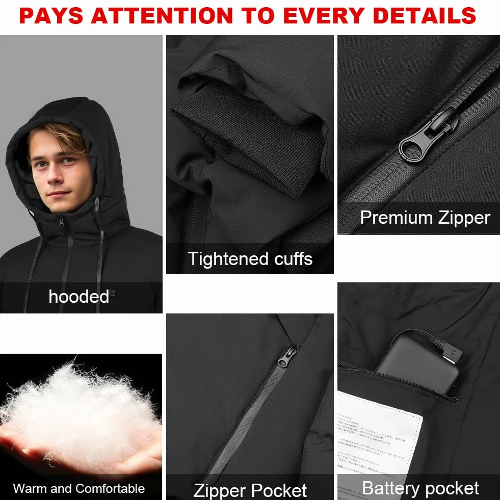 Chaqueta Calefactable 10000mAh 3 Niveles de Calefacción con Capucha para Hombre Mujer Esquí Trabajo