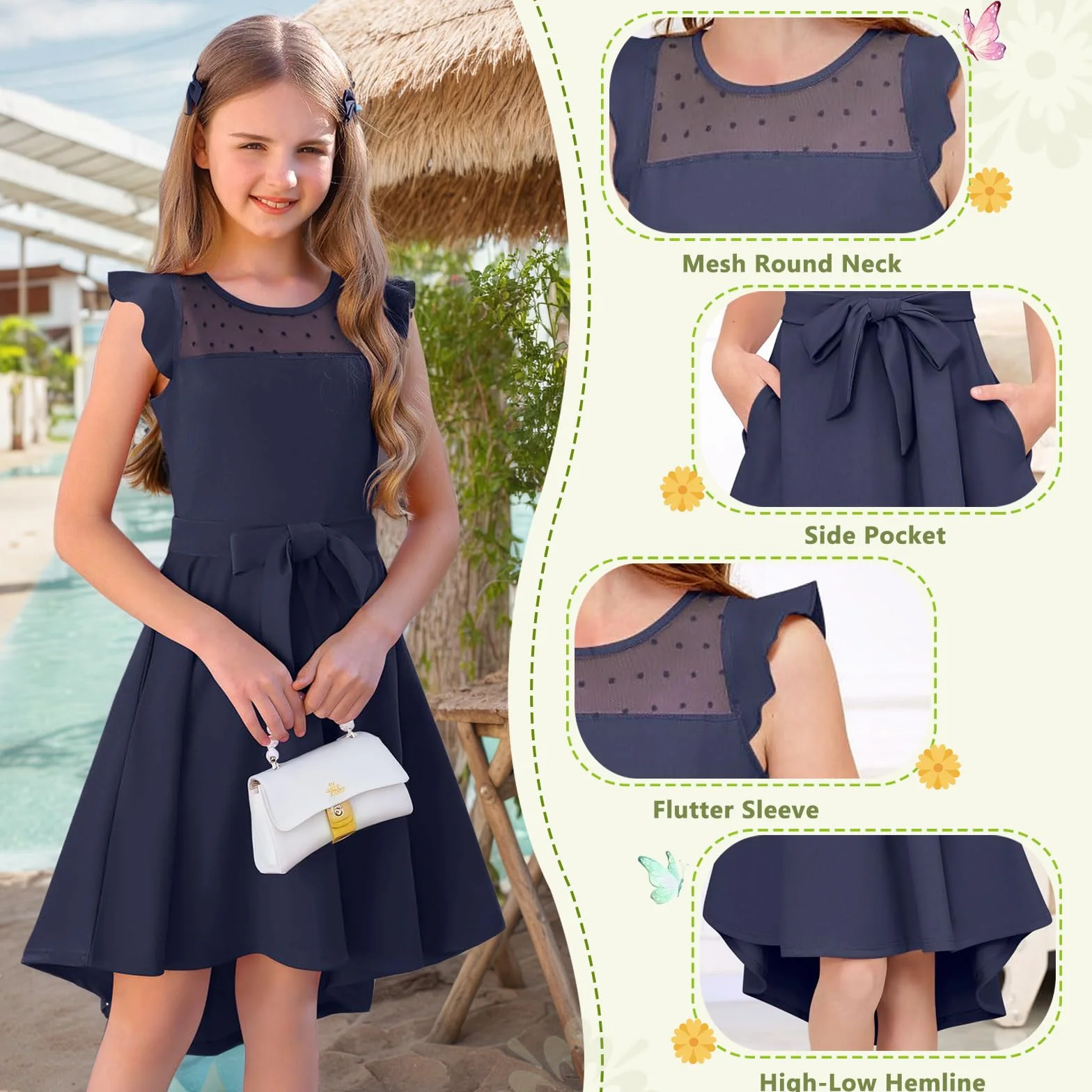 Vestidos de Verano para Niñas Elegantes Sin Mangas Cuello Redondo 6-15 Años