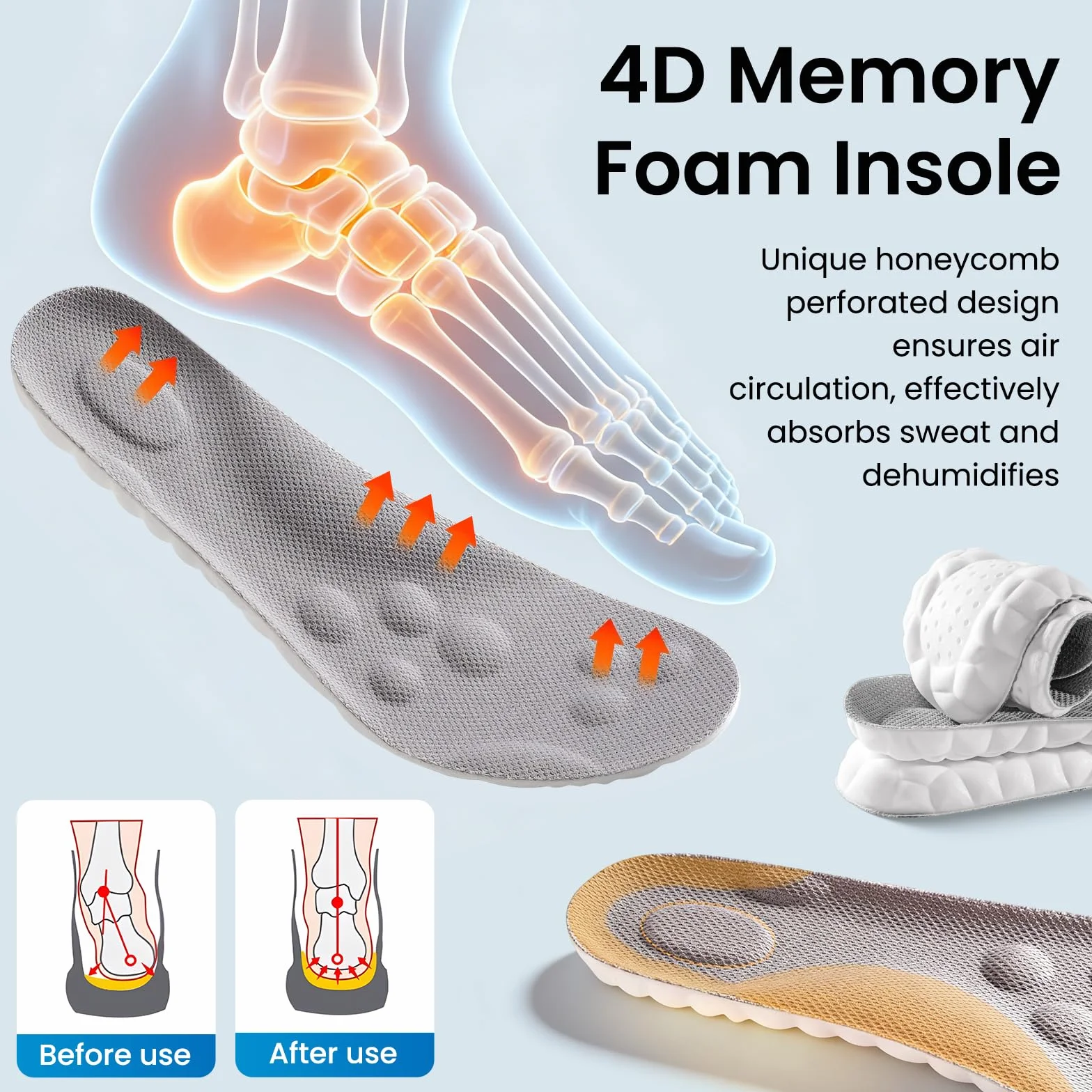 Plantillas Memory Foam Soporte Arco Absorción Impacto Transpirables Deporte Trabajo Uso Diario 43-44