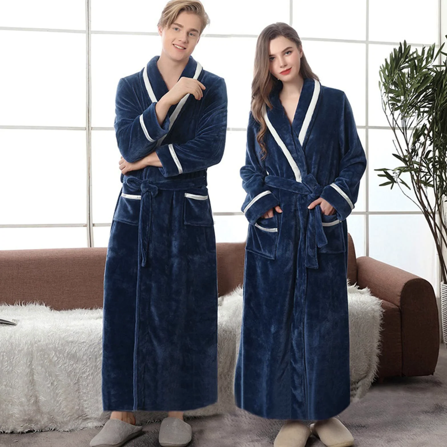 Albornoz de hombre de algodón, albornoz de mujer de microfibra, elegante, albornoz de microfibra para hombre y mujer, con bolsillos, capucha y cinturón, bata de noche larga muy suave para