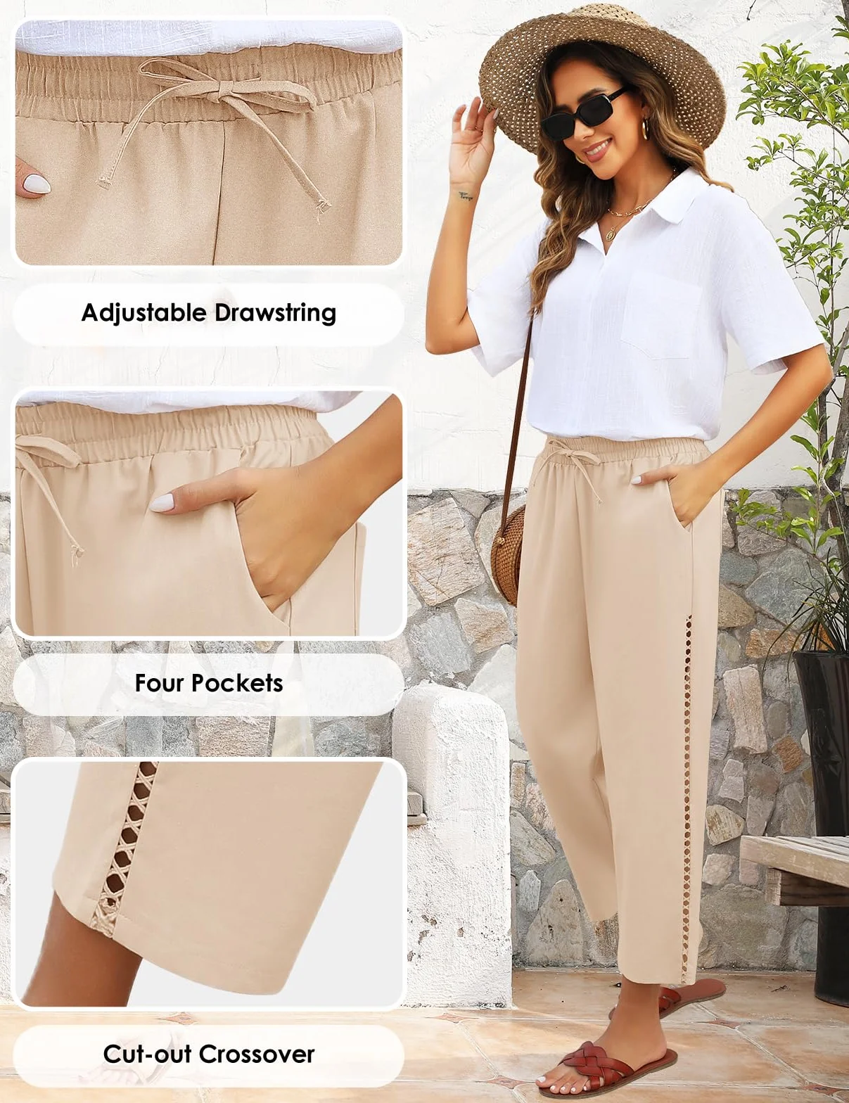 Pantalones Mujer Verano de Lino Elástico Cintura Suelta Cómodo Ligero con Bolsillos Cordón