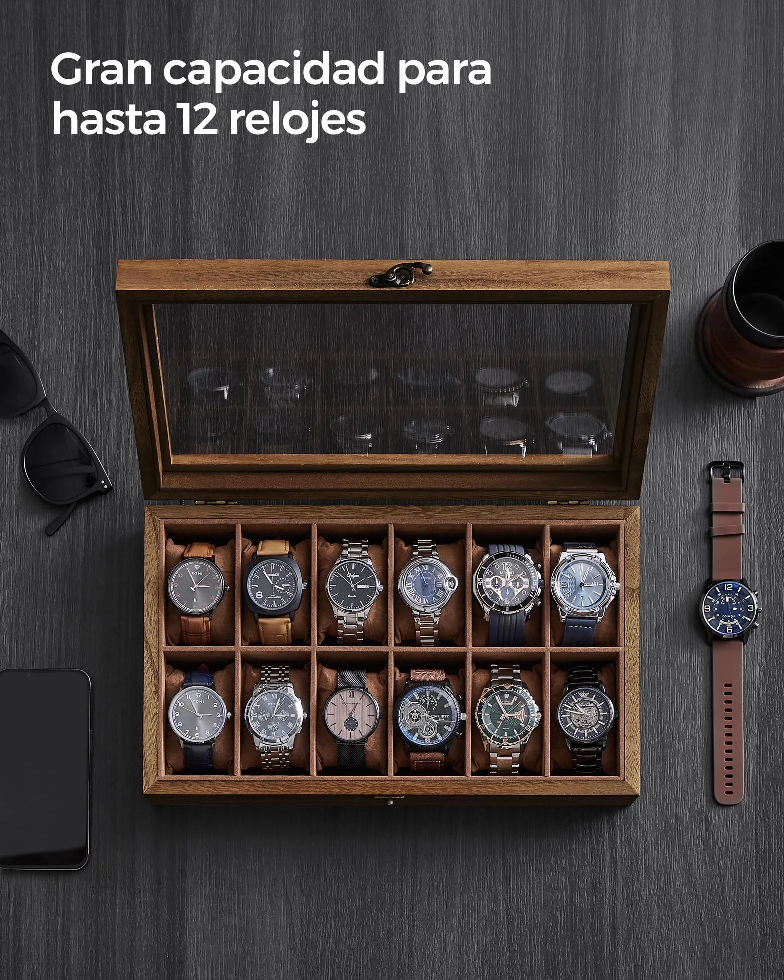 SONGMICS Caja para Relojes 12 Compartimentos Madera Maciza Tapa Cristal Nogal Rústico JOW120K01