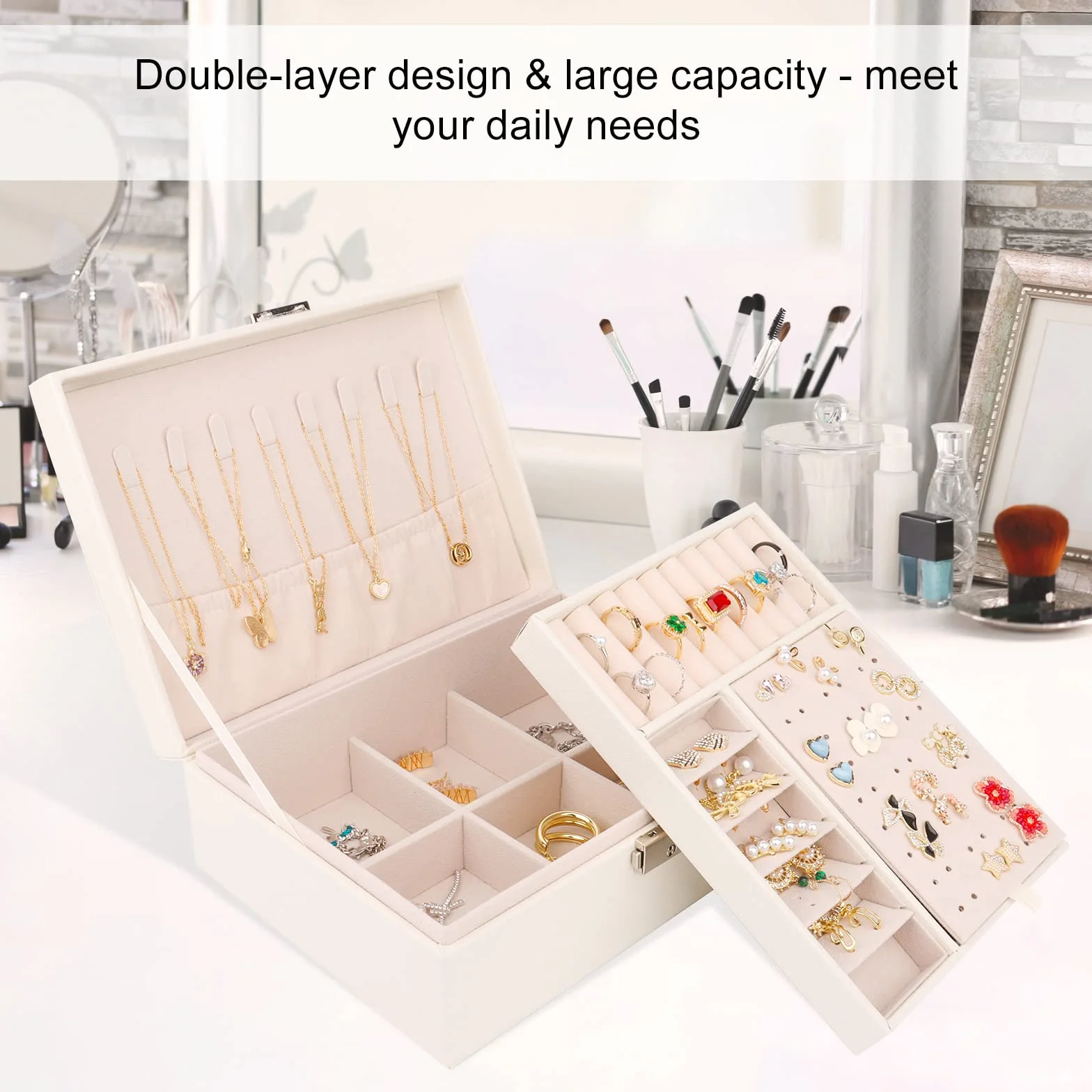 talifoca Joyeros Mujer, 2 Capas Caja Joyero Organizador de Joyas de Cuero PU para Pendientes, Anillos, Aretes, Pulseras y Collares