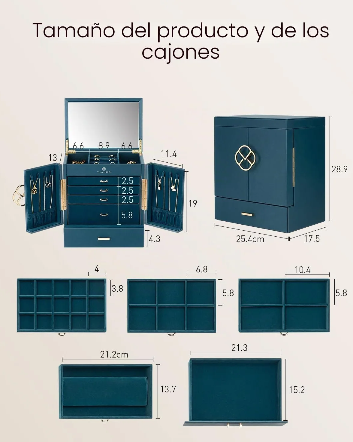 VLANDO Joyero grande vintage 6 niveles con espejo y cajones, organizador de joyas XXL para mujer