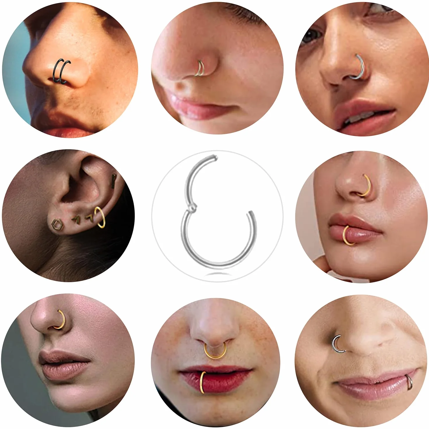 G23 Titanio Hipoalergénico Anillo de la Nariz Septum Helix Cartílago 14G 16G 6MM 8MM 10MM 12MM