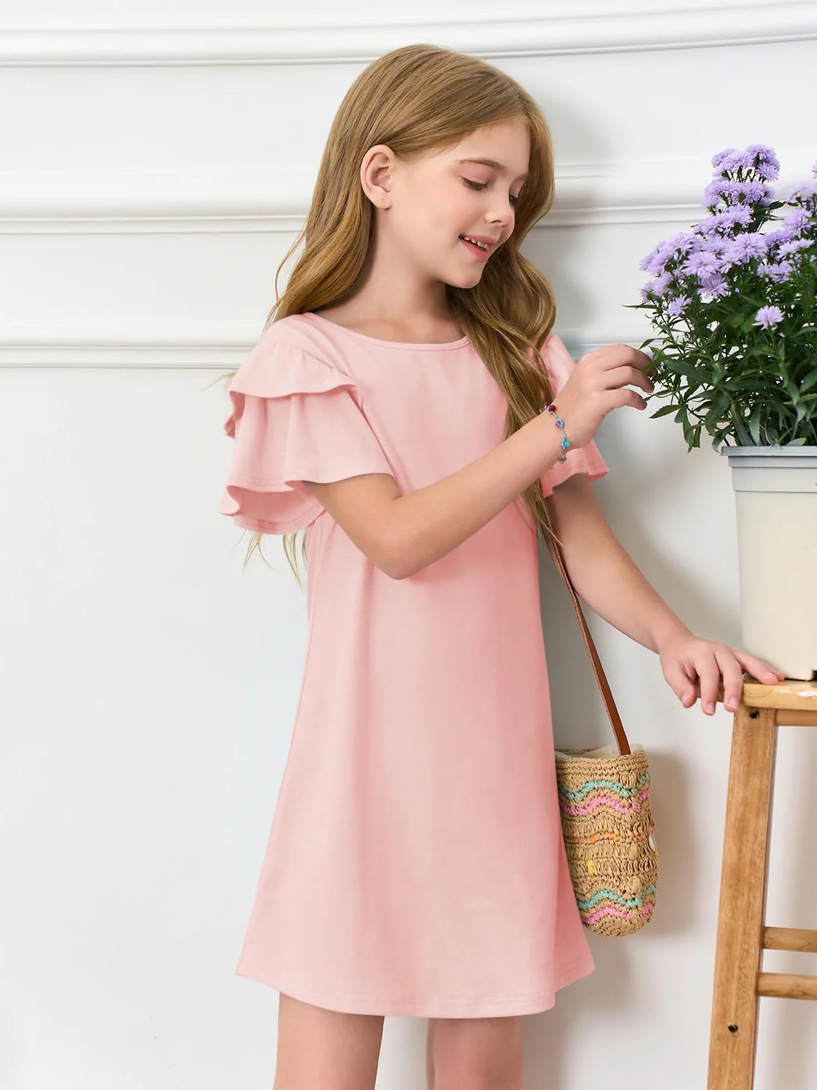 Vestido de niña con mangas con volantes cuello redondo verano línea A monocolor elegante fiesta cumpleaños boda