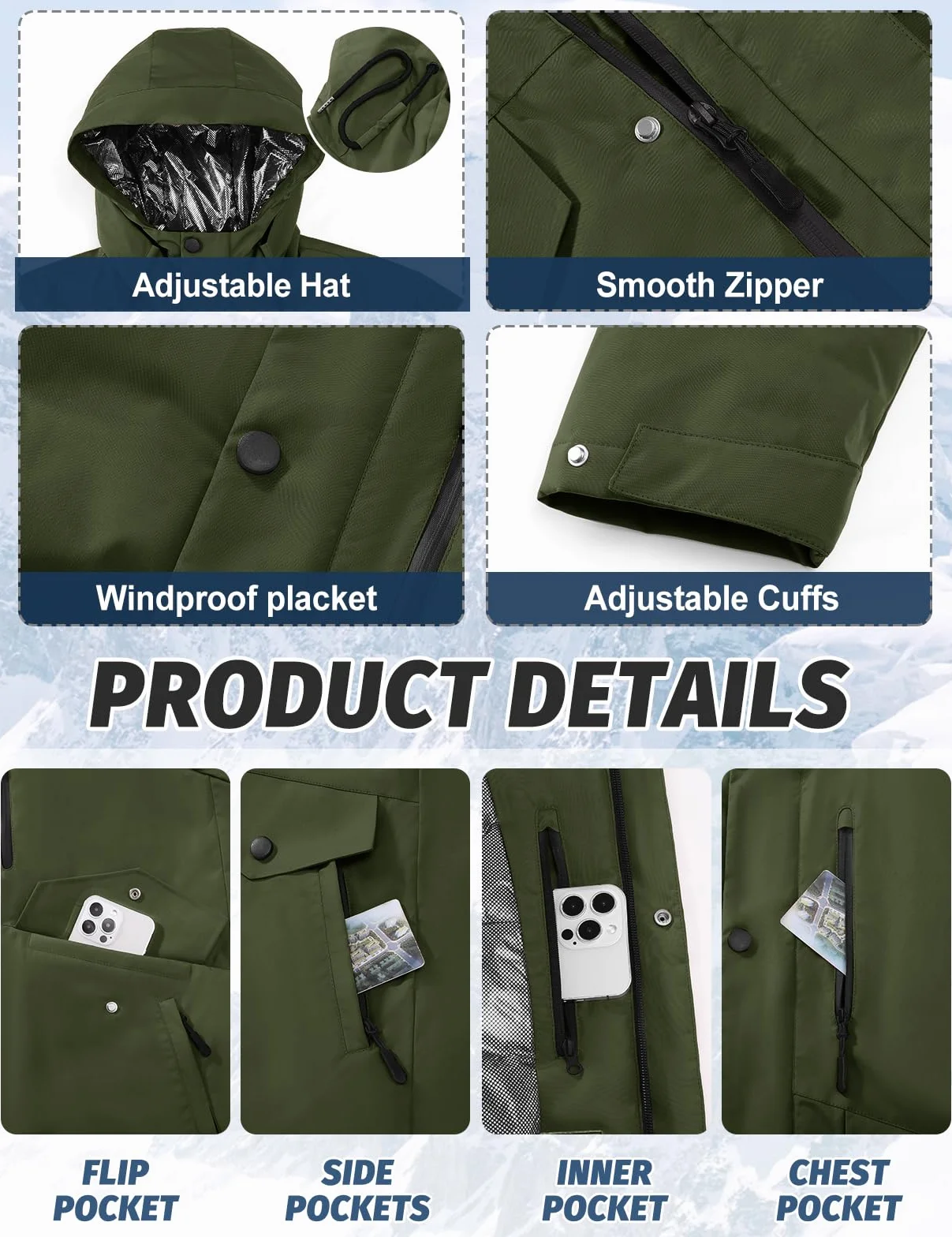 Voqeen Chaqueta de Esqui Hombre Impermeable Cazadora Cálida Aire Libre Térmica Capucha Desmontable Antiviento