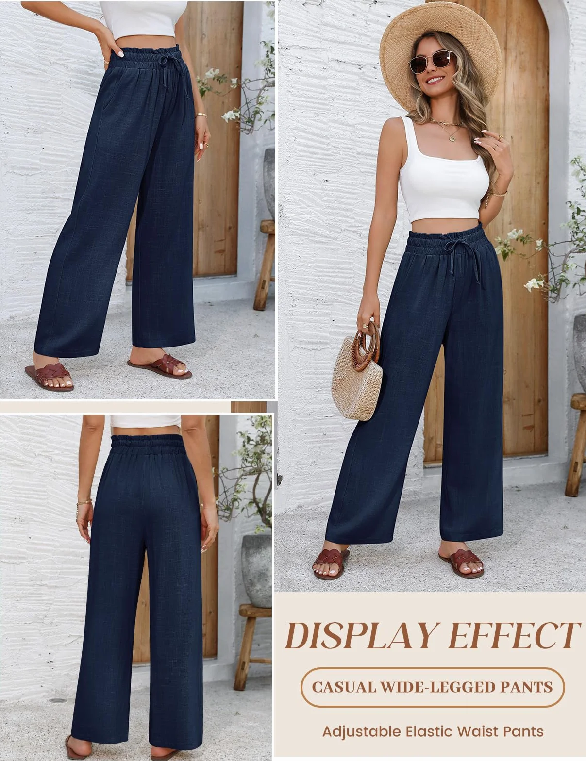 Pantalones Mujer Verano Lino Algodón Cintura Alta Elástica Anchos Casual