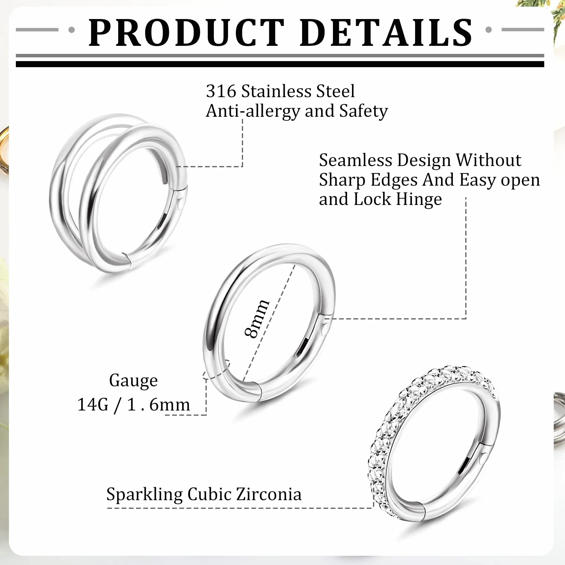 Adramata 3Pcs 14G 1.6MM Piercing Ombligo Acero Quirurgico Aro Septum Plata Oro Hélice Tragus Cartílago Oreja
