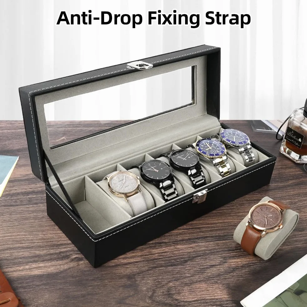 OFFCUP Caja de Relojes con 6 Compartimentos, Piel, Tapa de Cristal y Cojín Extraíble, Regalo para Hombres y Mujeres (Negra)