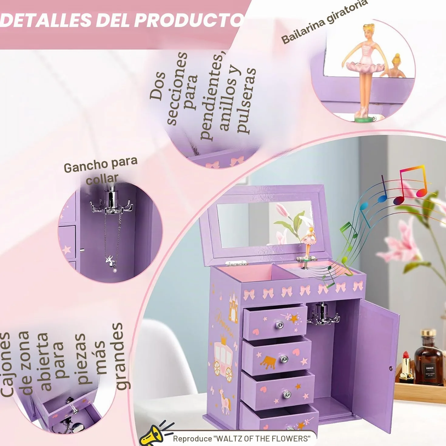 Caja de Joyas para Niñas con Música de Princesa y Sirena, Regalo de Cumpleaños 3-12 Años