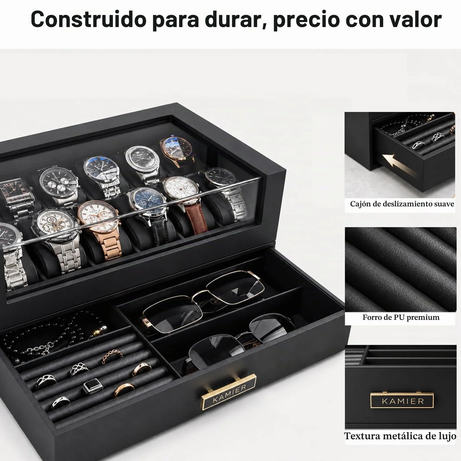 Caja de reloj de madera 12 ranuras con cajón, exhibición con tapa de cristal, soporte 2 capas para almacenamiento de joyas