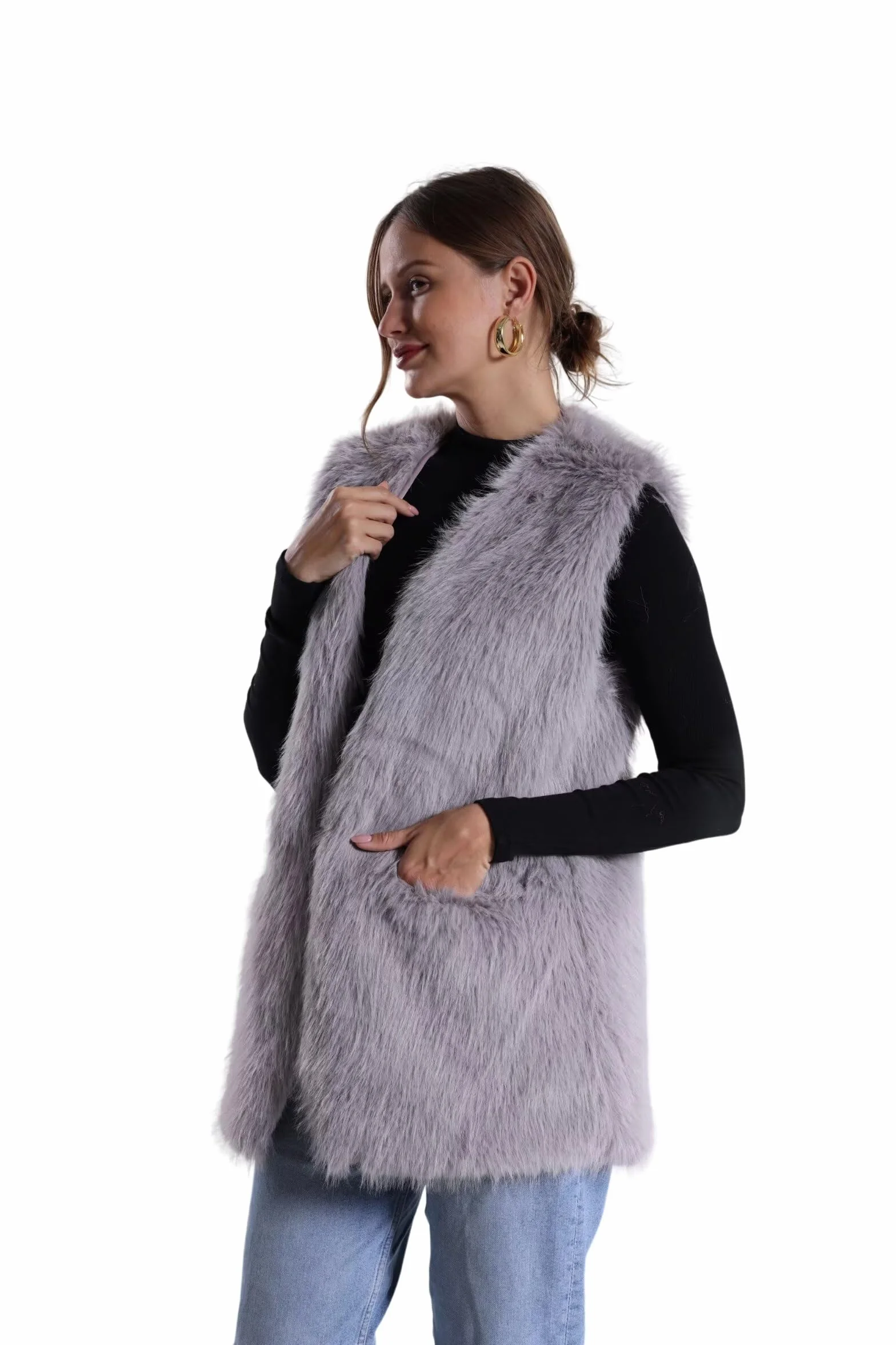Chaleco de piel sintética de conejo para mujer, abrigo de invierno con cuello en V, sin mangas, mullido, cálido, chaleco de piel sintética con bolsillos