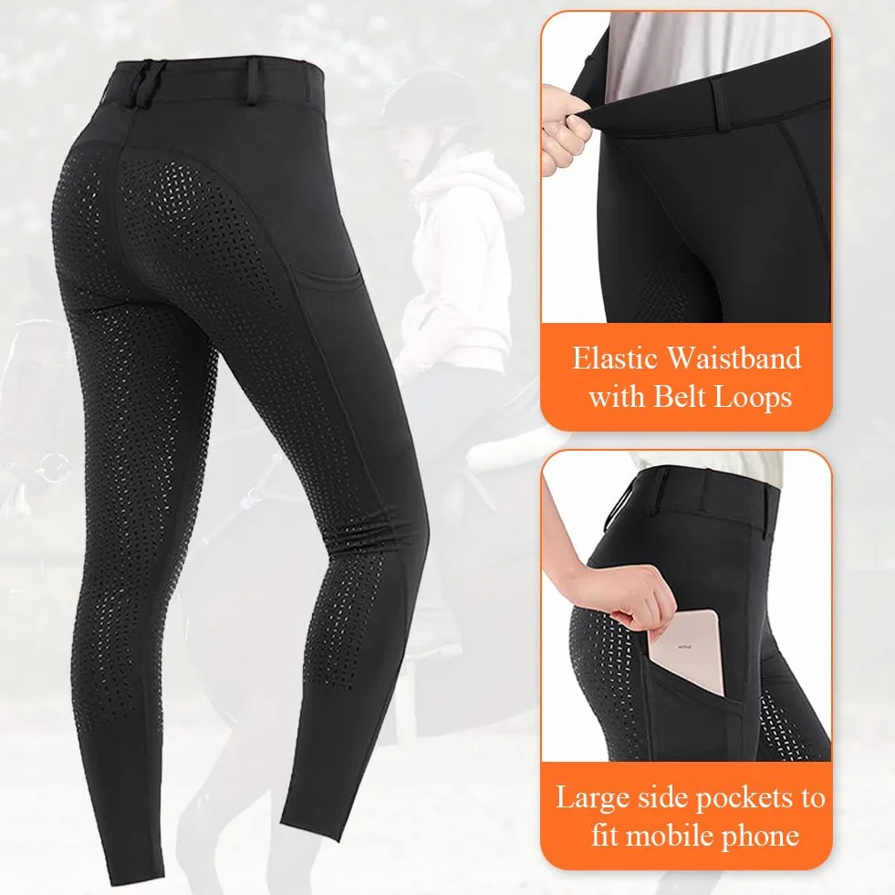 HOTUT Jodhpurs de silicona con agarre completo para mujer, leggings de equitación con bolsillos para teléfono