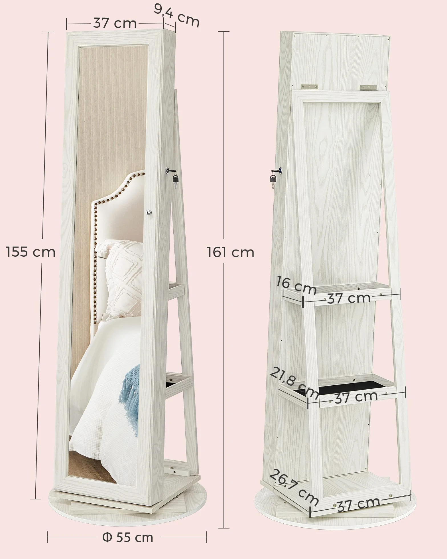 SONGMICS Armario Joyero con Espejo Entero Giro 360° JBC62W Blanco