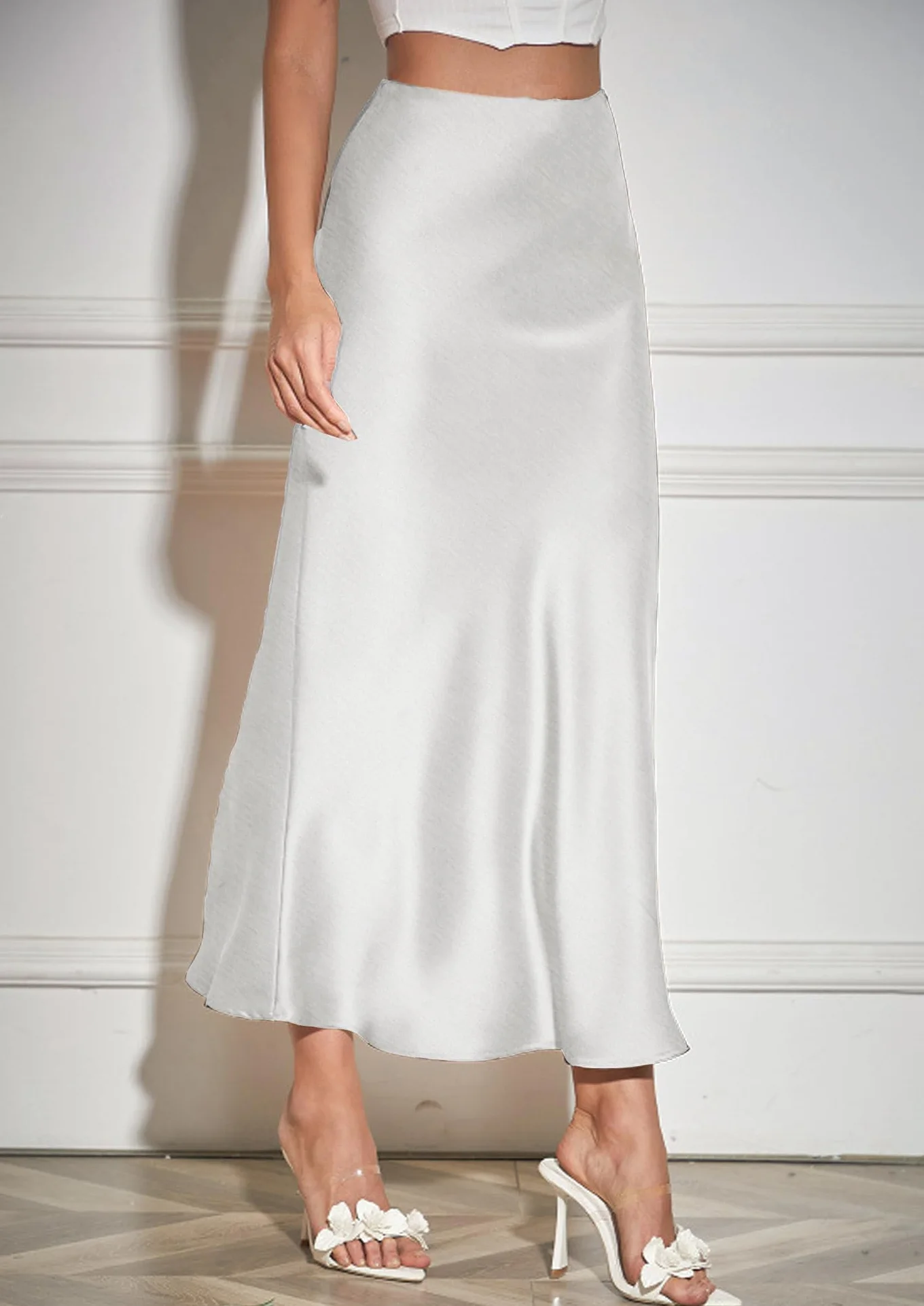 Falda de Satén para Mujer Cintura Alta Elástica Midi Casual A-Línea con Cremallera Elegante Larga Maxi Plisada Fiesta Otoño