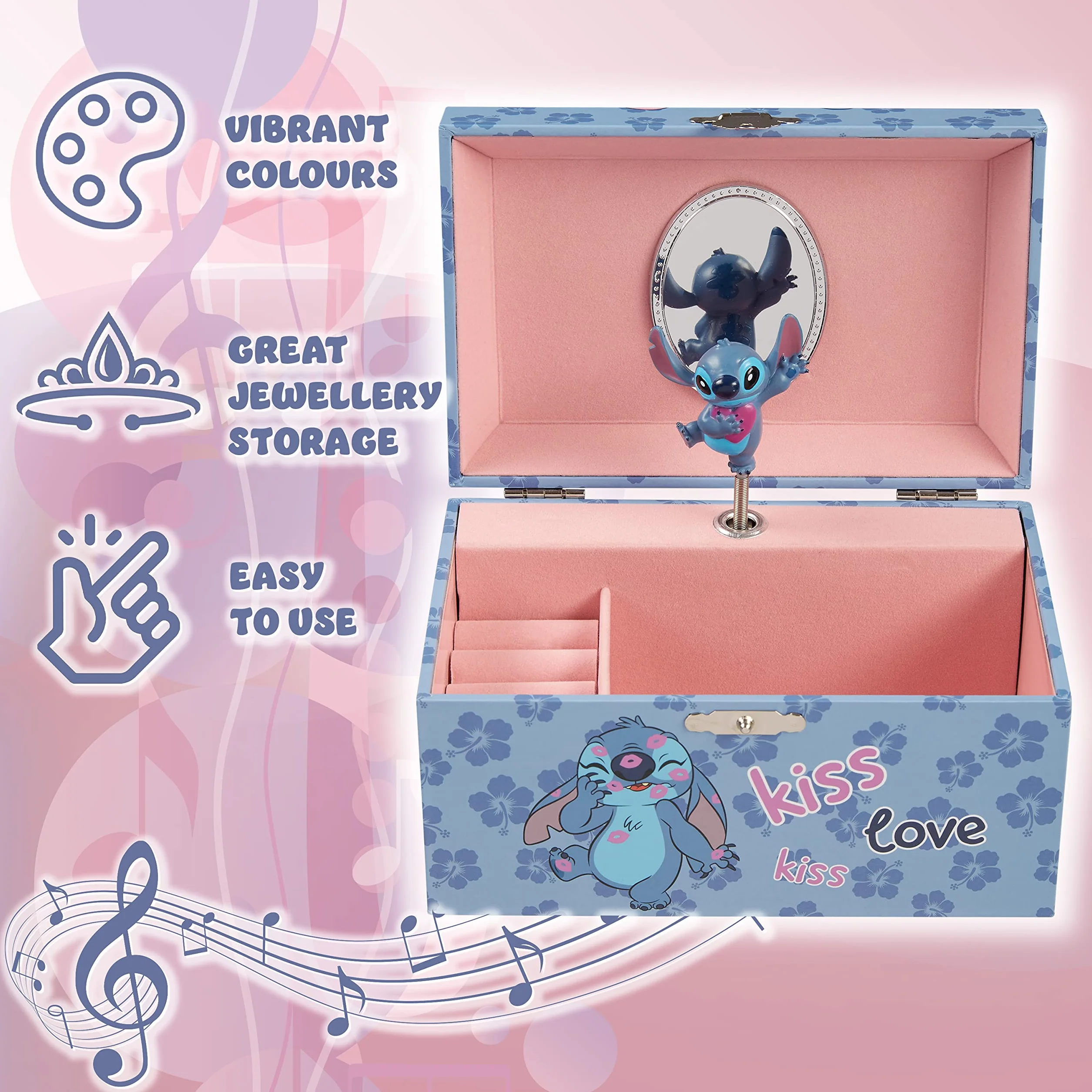 Disney Stitch Joyero Musical Niña Adolescente Organizador con Espejo Regalo Azul