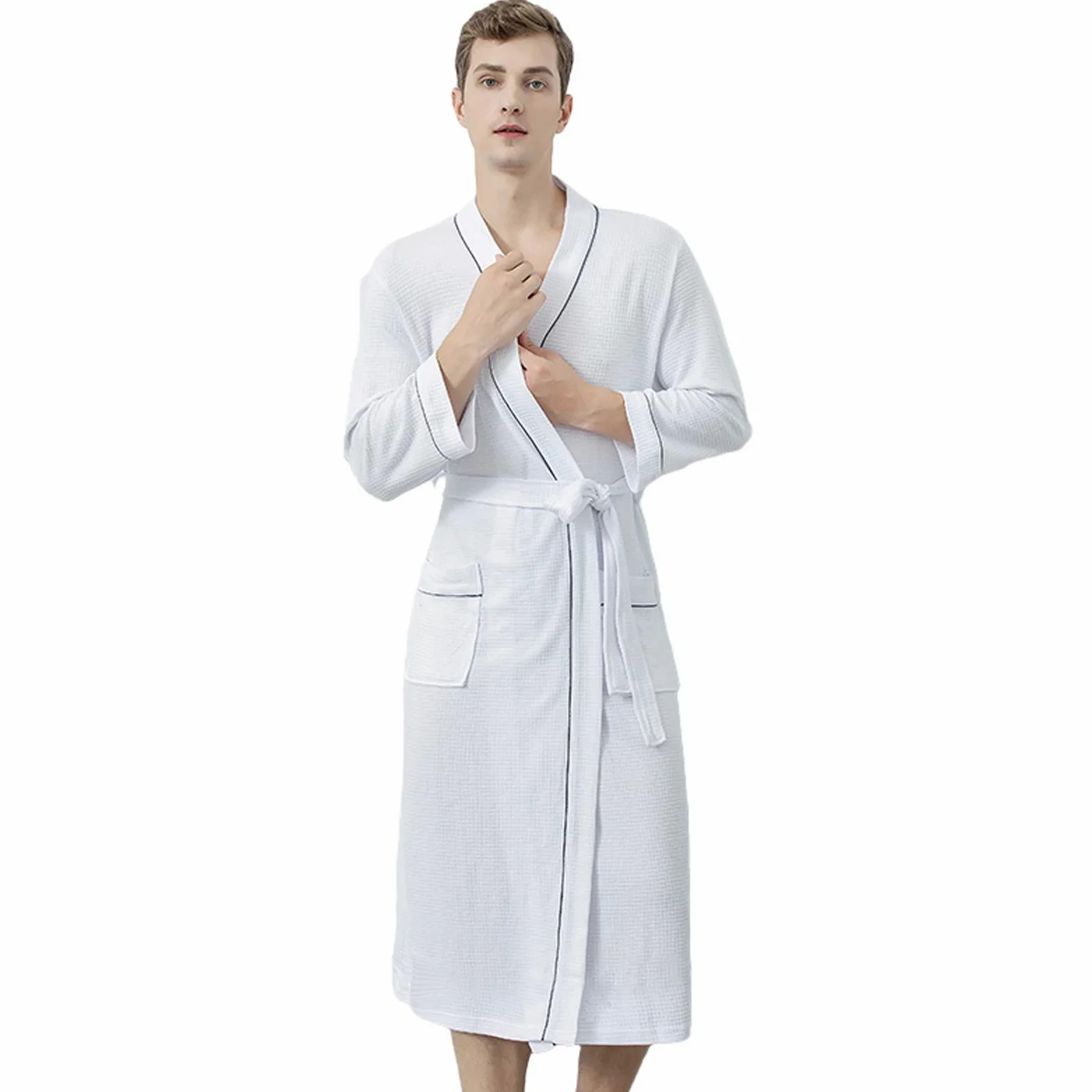 Albornoz de algodón de punto, kimono largo, con bolsillos para hombres y mujeres, spa y piscina de hotel