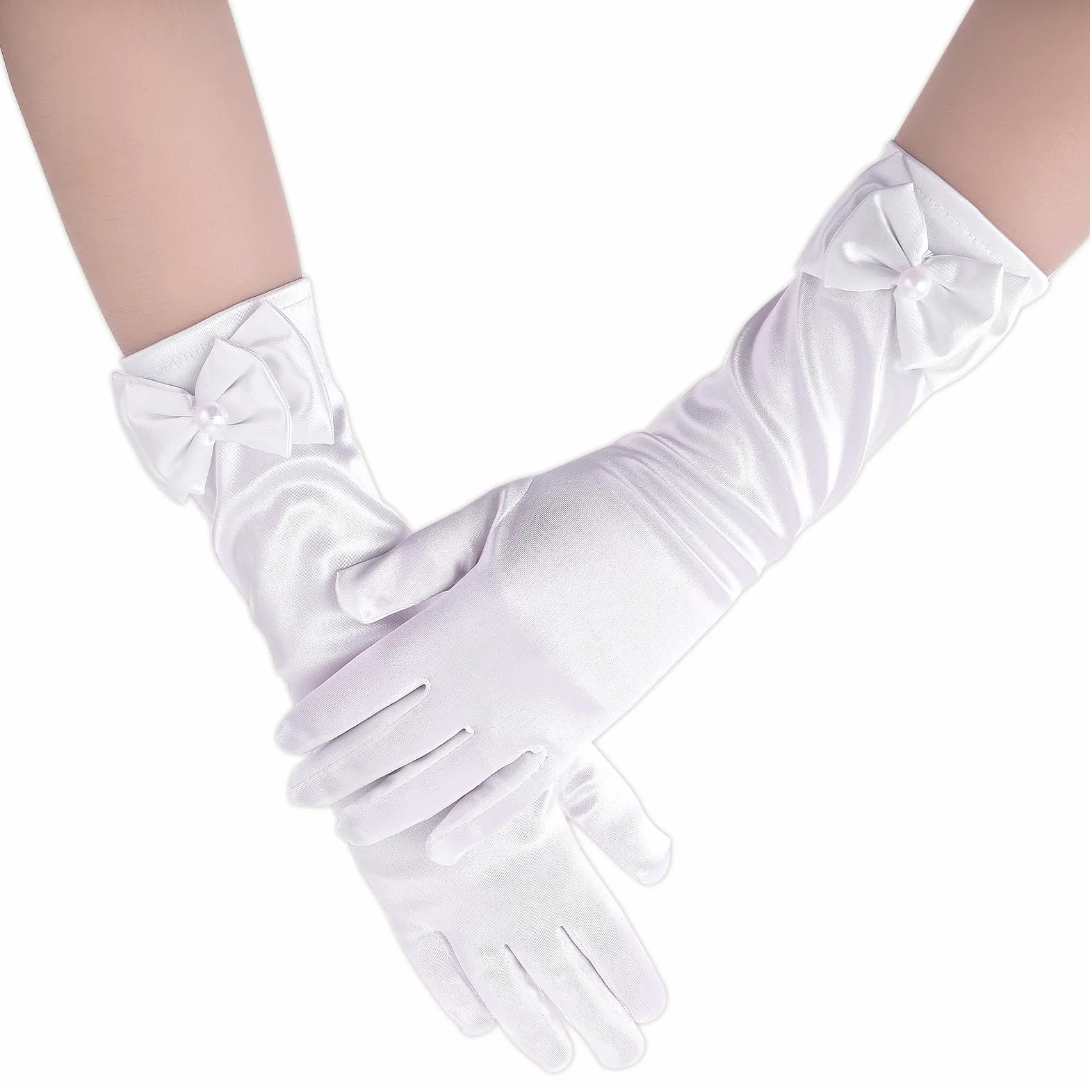 Yolev Guantes de Niña de Satén Blancos Largos con Lazo Formales para Boda Primera Comunión