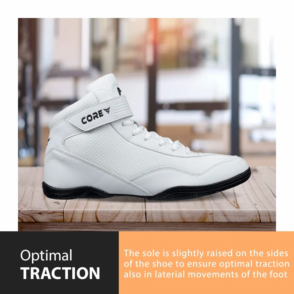 CORE Botas de Lucha para Hombre, Mujer y niños, Antideslizantes Zapatillas de Lucha Libre, para Deportes de Combate, Wrestling Shoes, Crossfit y Levantamiento de Pesas, Blanco