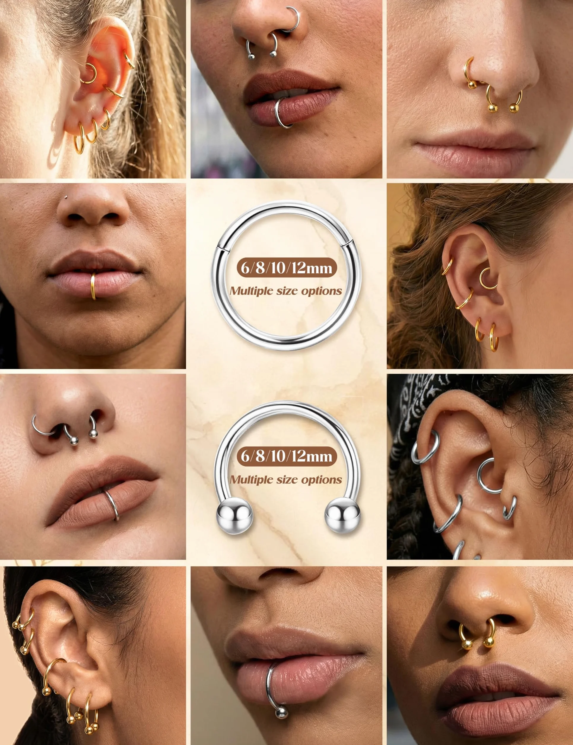JeweBella 16 Piezas Aro Piercing Nariz Acero Quirúrgico Cartílago Segmento Clicker Anillos 6-12 mm