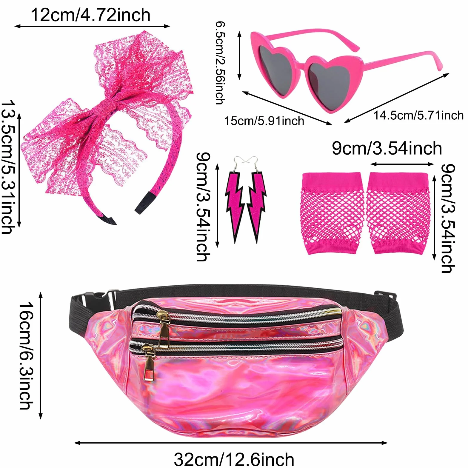 Accesorios Disfraz Años 80 Mujer, Guantes Rejilla Riñonera Gafas Corazón Retro Fiestas Neón Carnaval Halloween Rosa